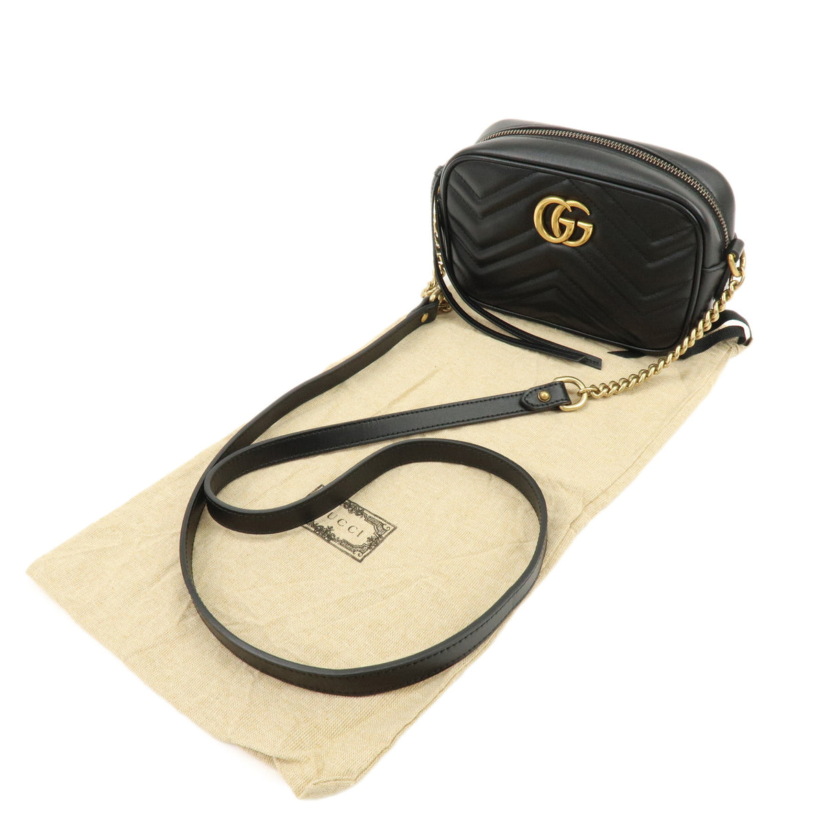 GUCCI GG Marmont Double G Shevron Leather Shoulder Bag Black 448065