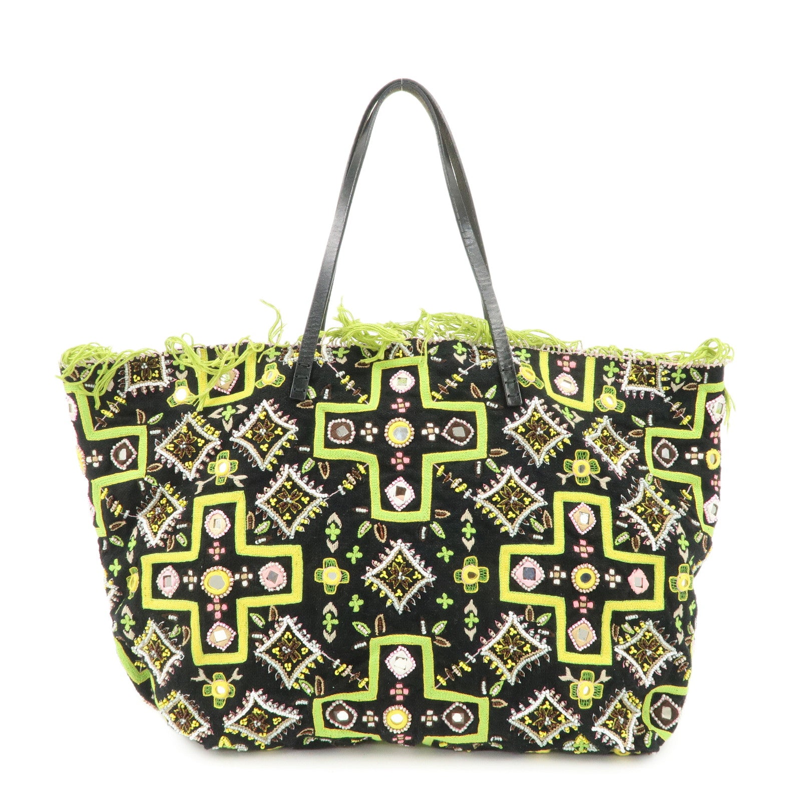 FENDI Canvas Leather Beaded Embroidery Tote Bag Hand Bag Black Used