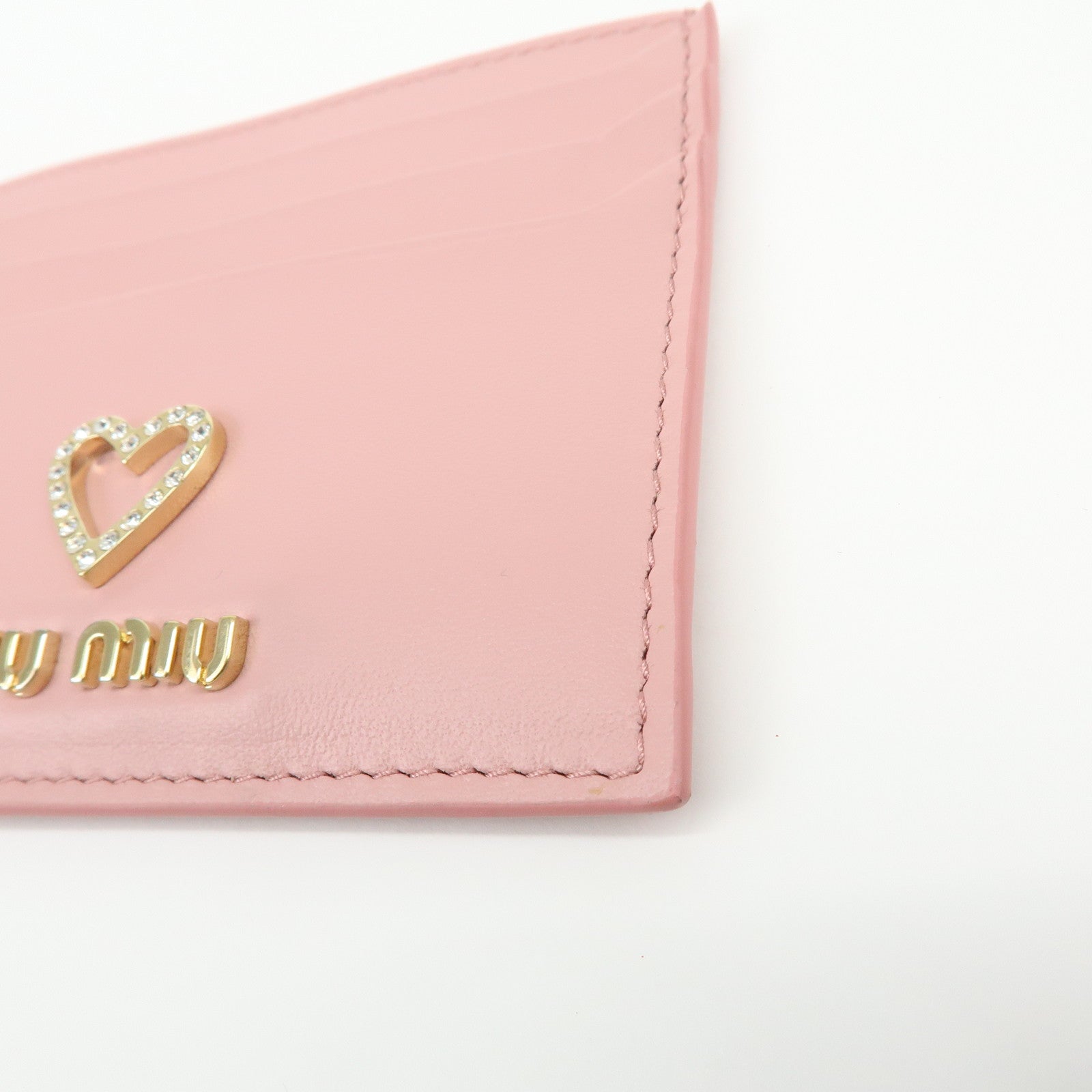 MIU MIU Leather Card Case Valentine Limited Heart Motif Rhinestone Pink