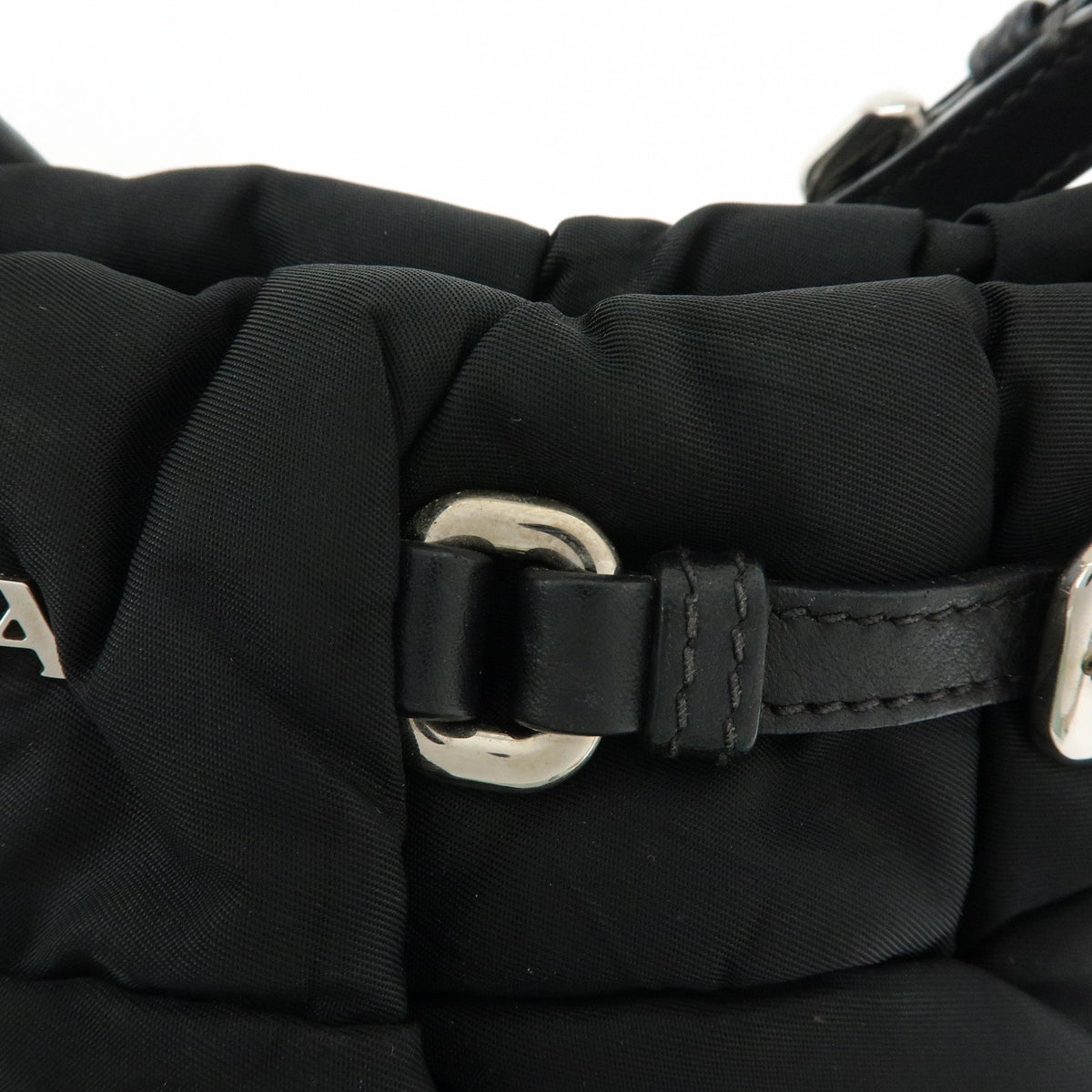 PRADA Tessuto Gathered Nylon Leather Shoulder Bag Hand Bag Black BN1704