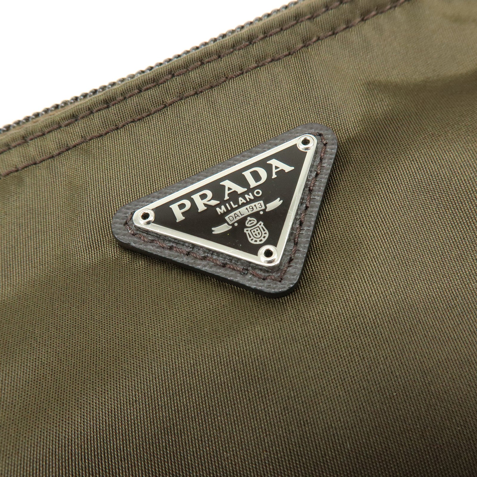 PRADA Triangle Logo Nylon Leather Pouch Cosmetic Makeup Bag Khaki