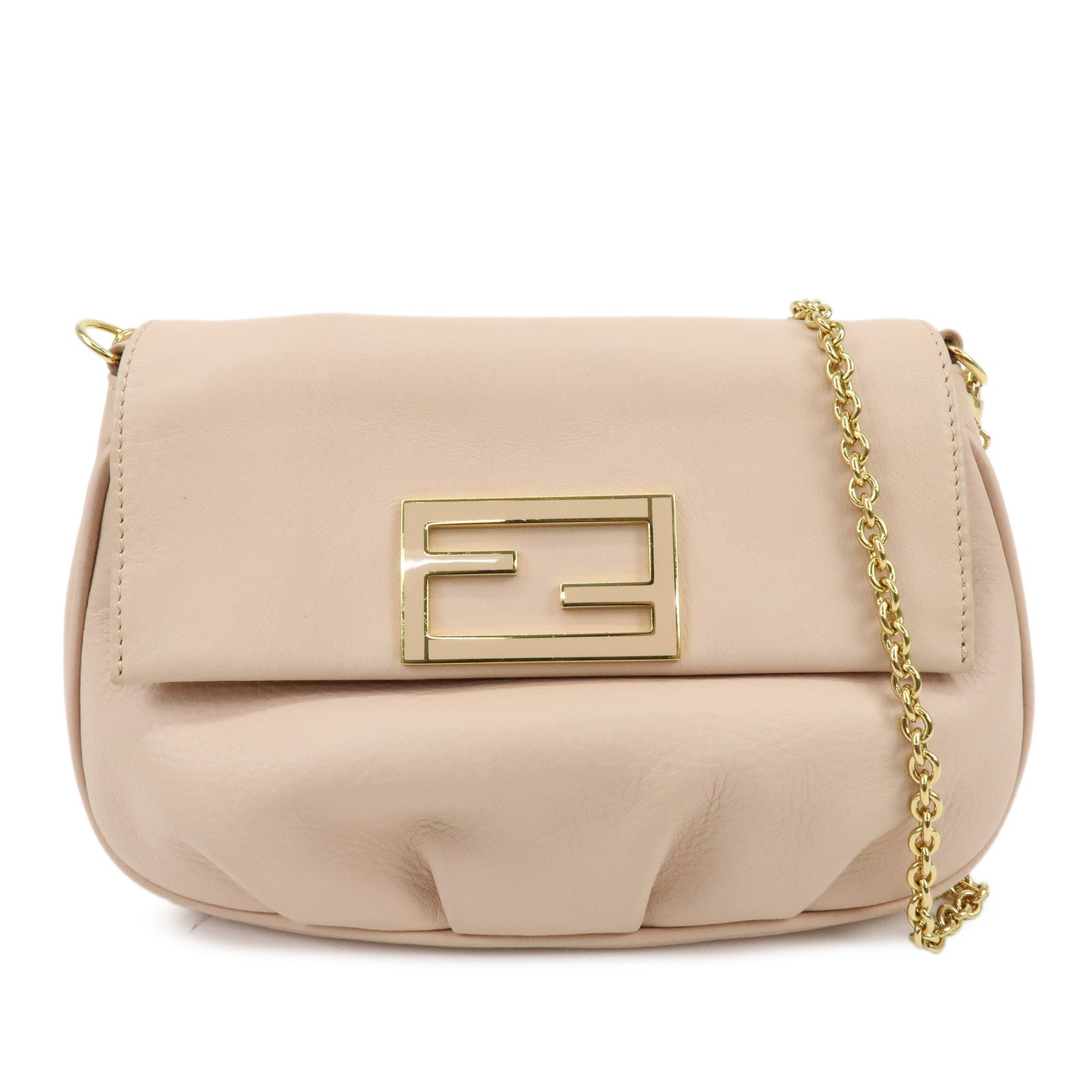 FENDI Leather Chain Shoulder Bag Crossbody Bag Pink Beige 8M0276