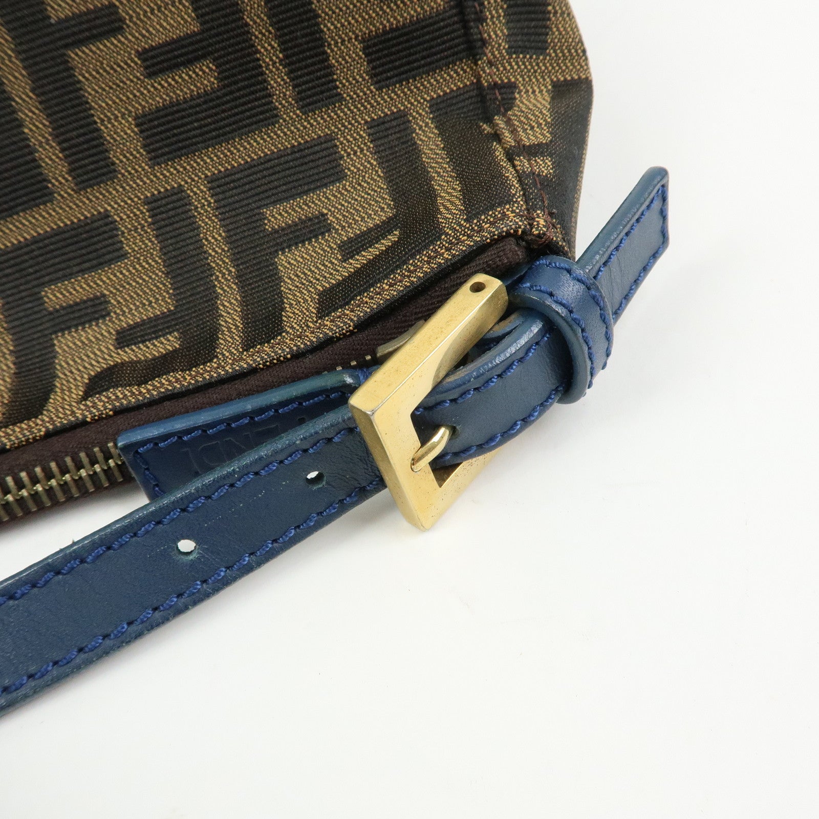 FENDI Zucca Canvas Leather Hand Bag Accessory Pouch Brown Blue 8N0005