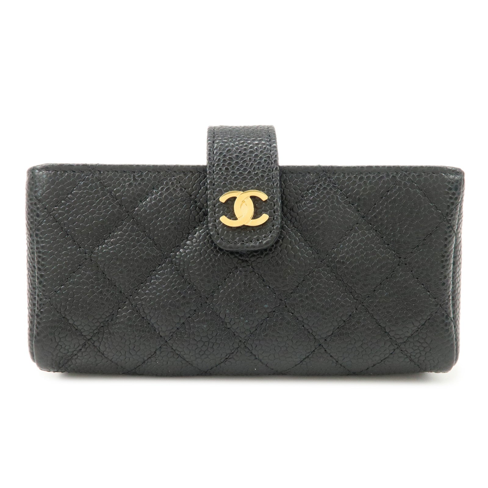 CHANEL COCO Mark Matelasse Caviarskin Pouch Black Gold A48227 Used