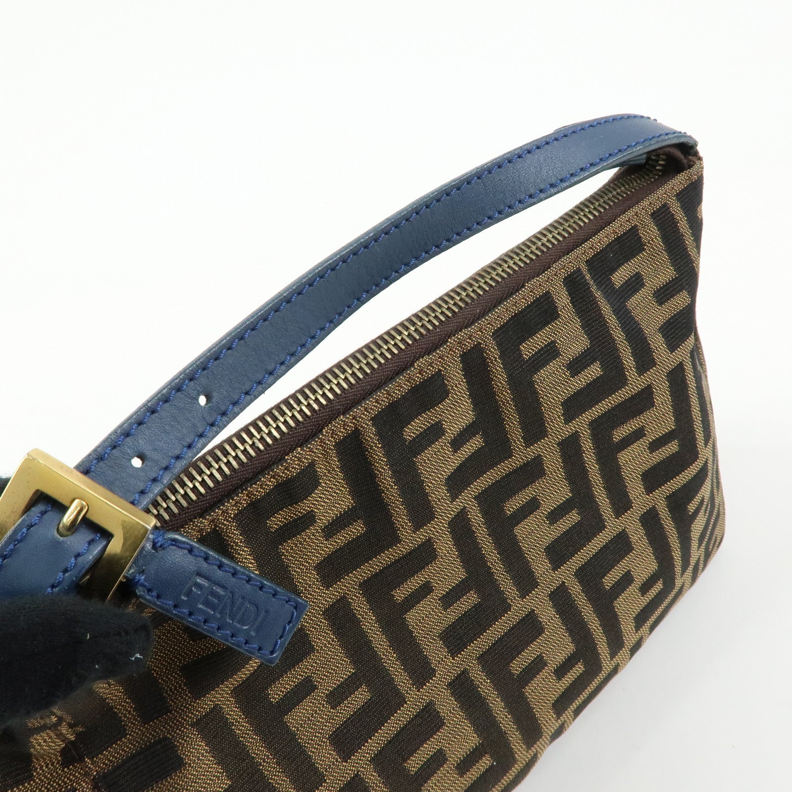 FENDI Zucca Canvas Leather Hand Bag Accessory Pouch Brown Blue 8N0005