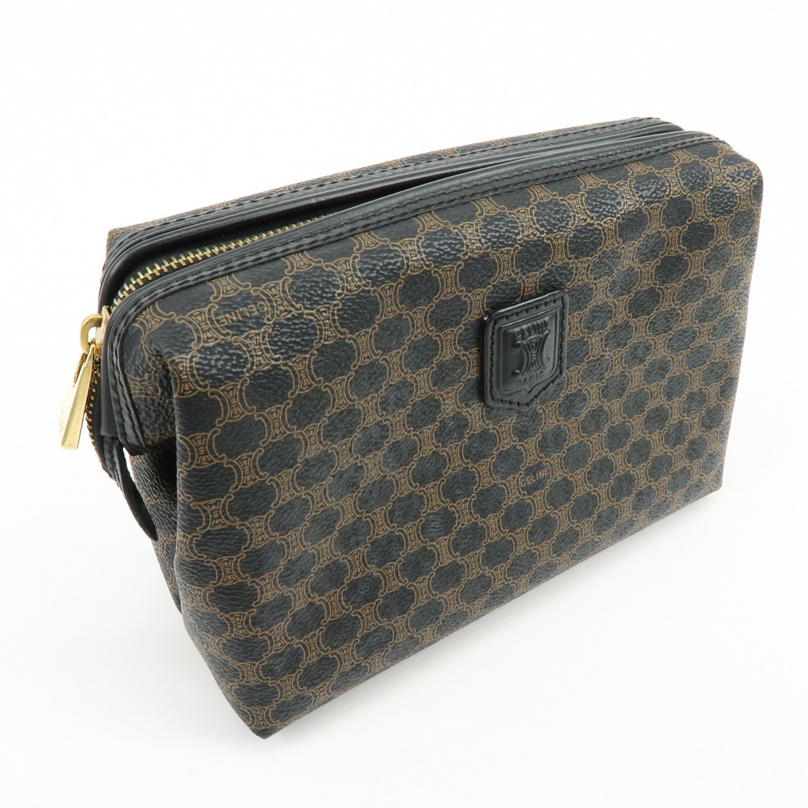 CELINE Macadam PVC Leather Pouch Cosmetic Case Dark Brown Black