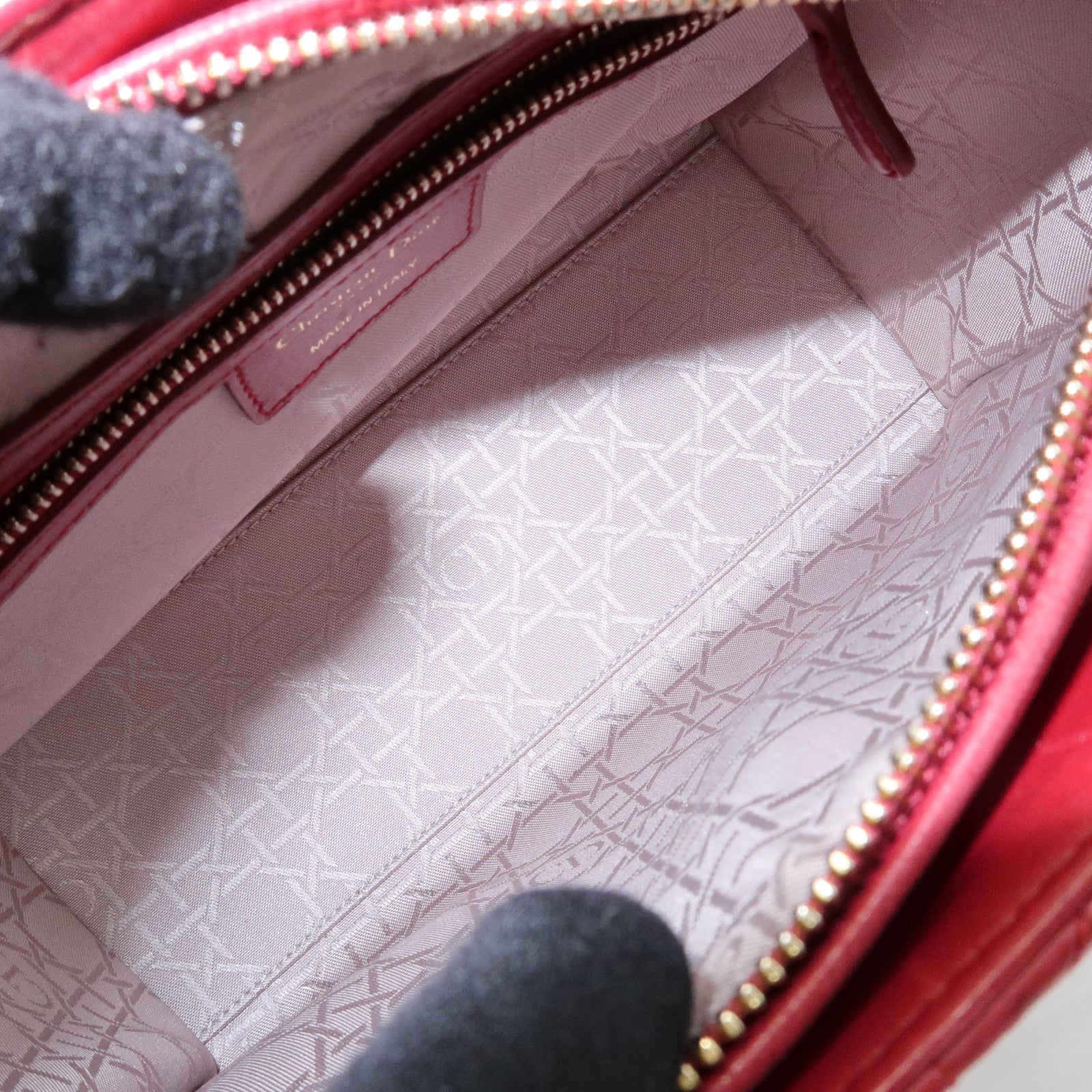 Christian Dior Lady Dior Cannage Lamb Skin Hand Bag Red