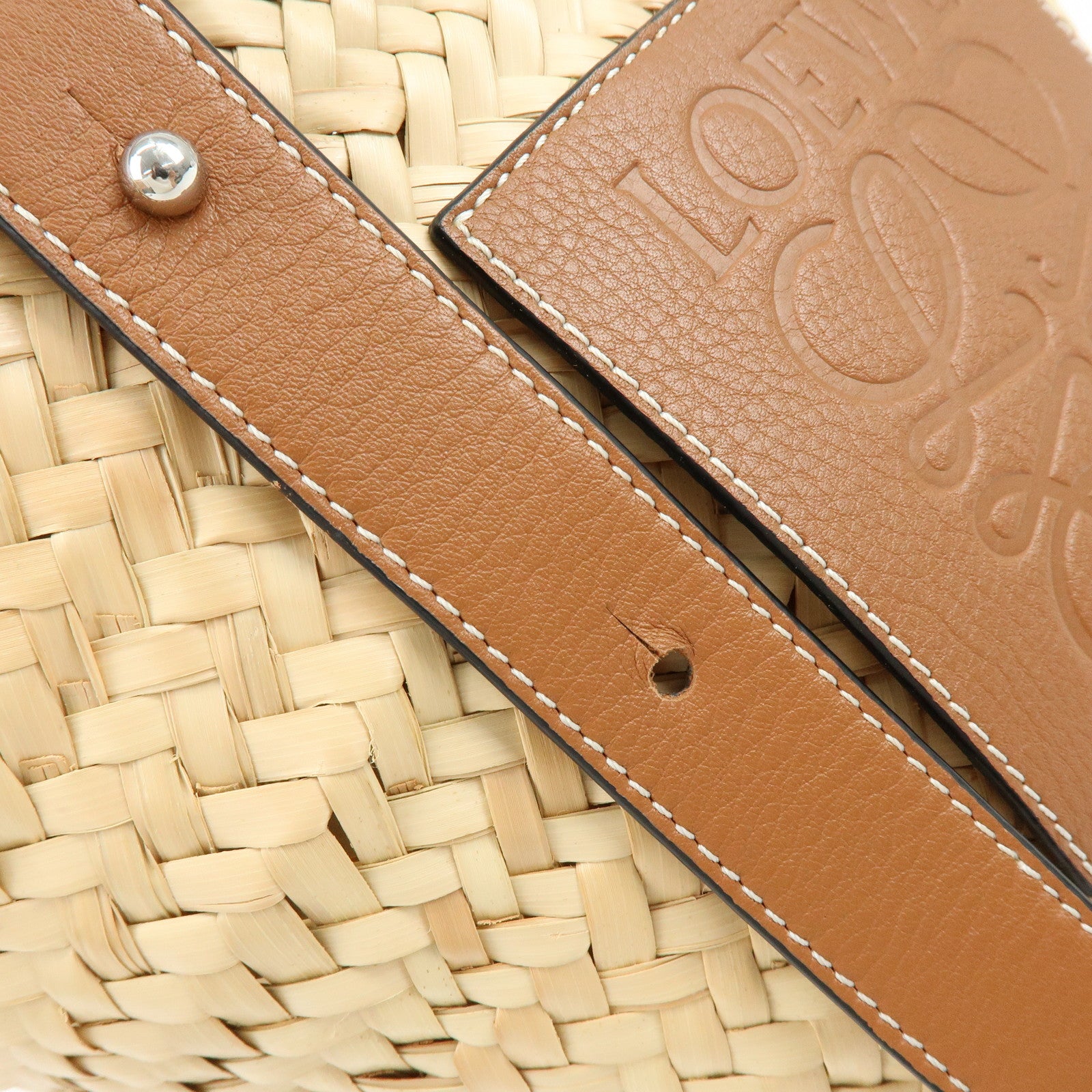 LOEWE  Raffia Leather Basket Bag Hand Bag Natural Tan