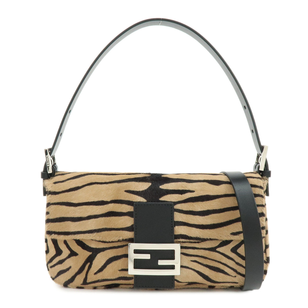 FENDI Baguette Unborn Calf Leather Hand Bag Tiger Print Brown 8BR850