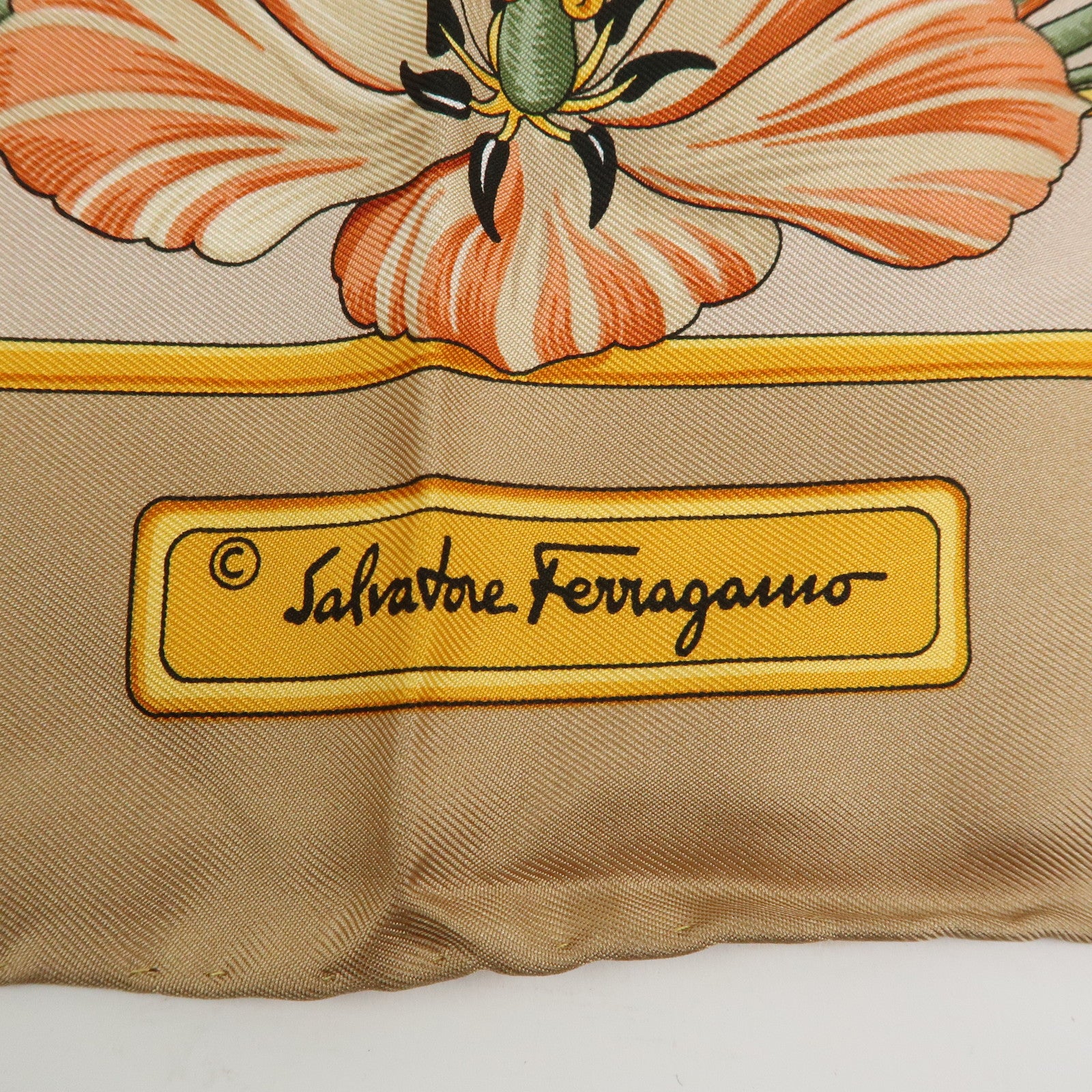 Ferragamo Silk 100% Scarf Animal Print Beige Orange Green Yellow