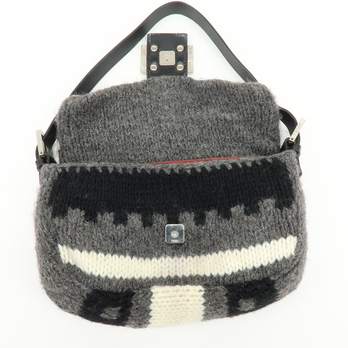FENDI Mamma Baquette Wool Leather Shoulder Bag Black Grey White 16059