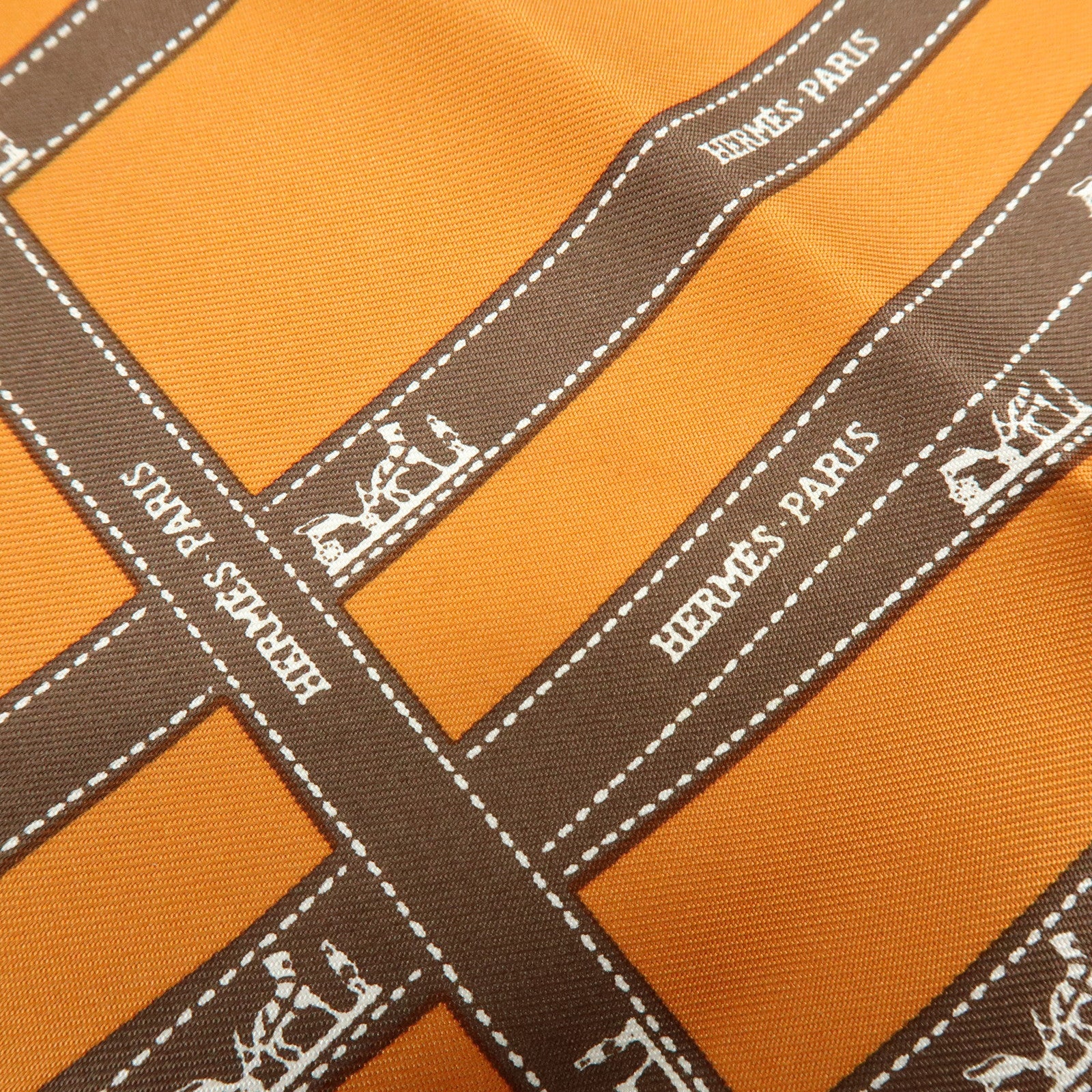 HERMES Carre 45 Bolduc Silk 100% Scarf Ribbon Pattern Orange Brown