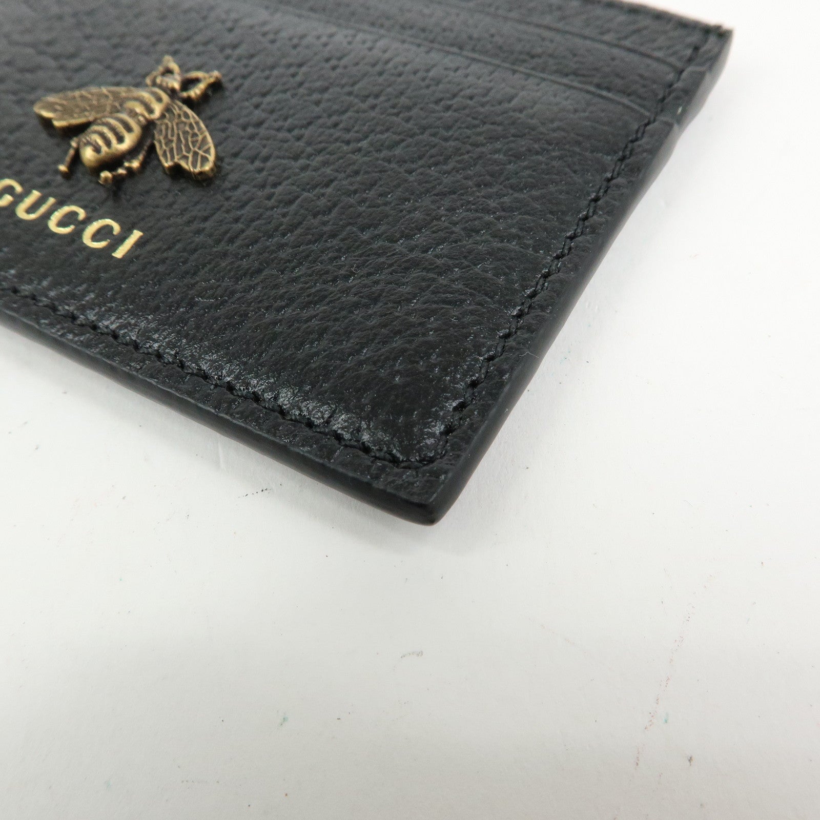 GUCCI Animalier Leather Card Case Card Holder Bee Motif Black 523685