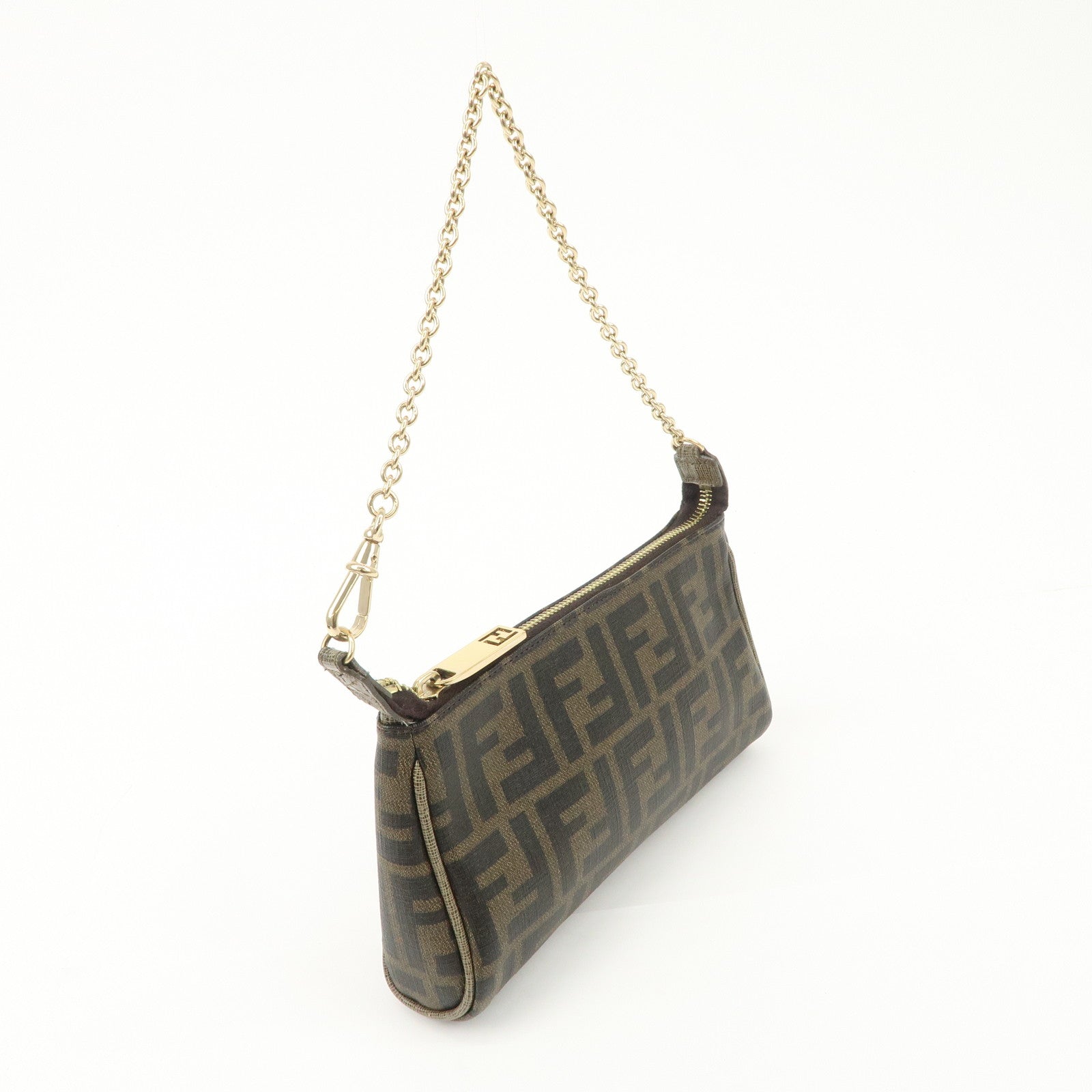 FENDI Zucca PVC Leather Chain Accessory Pouch Hand Bag Brown 8M0264 Used