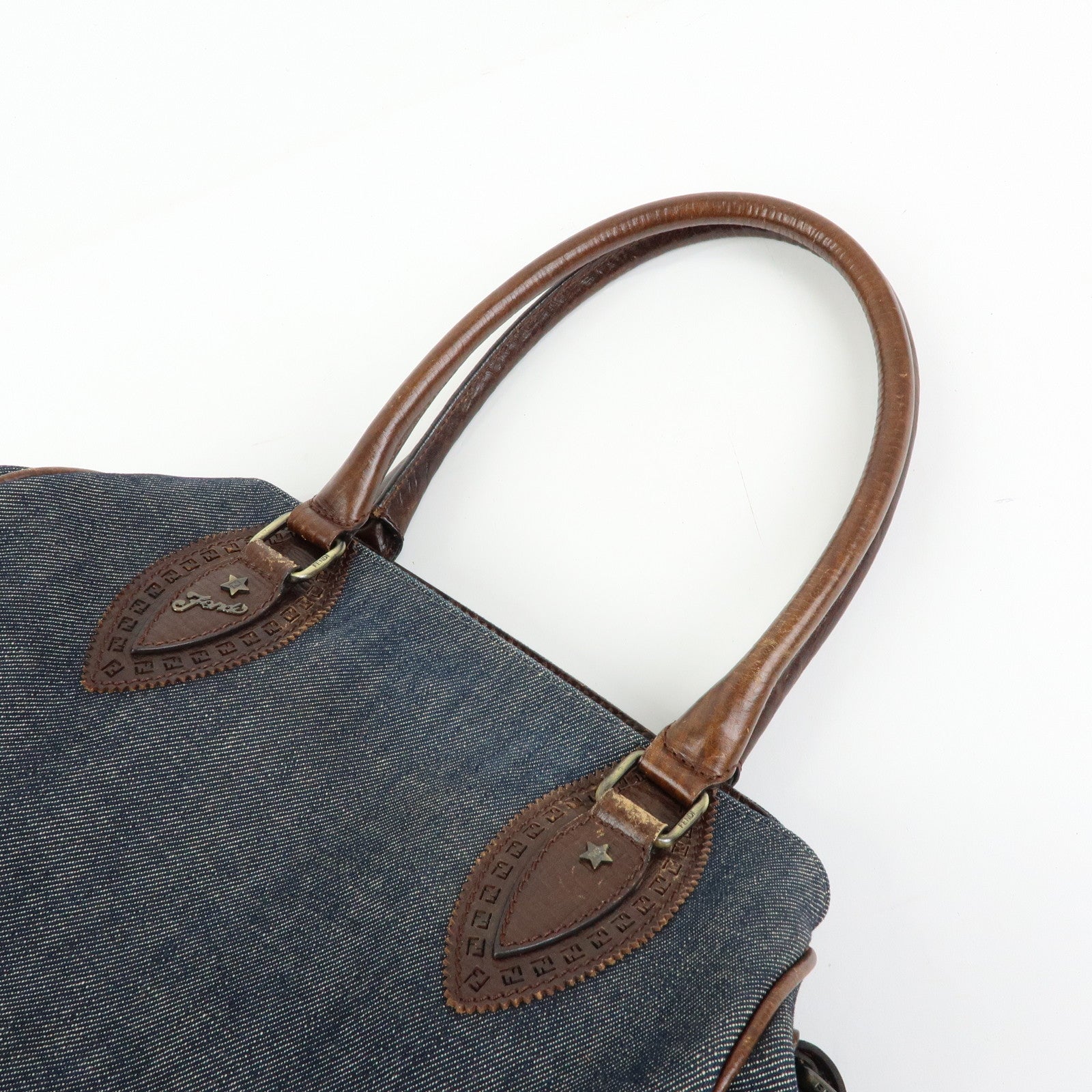 FENDI Etnico Leather Denim Tote Bag Shoulder Bag Brown Blue 8BN162