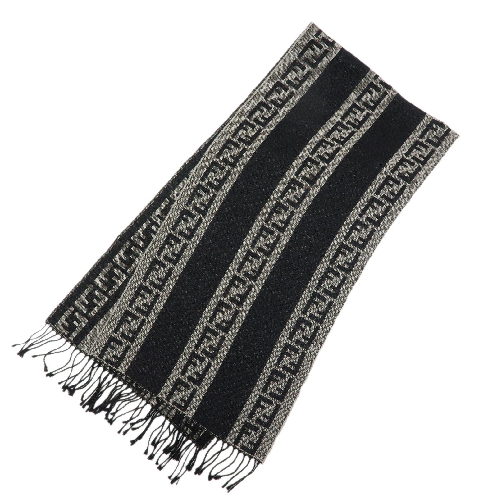 FENDI Zucca Wool 100% Striped Scarf Stole Black Gray