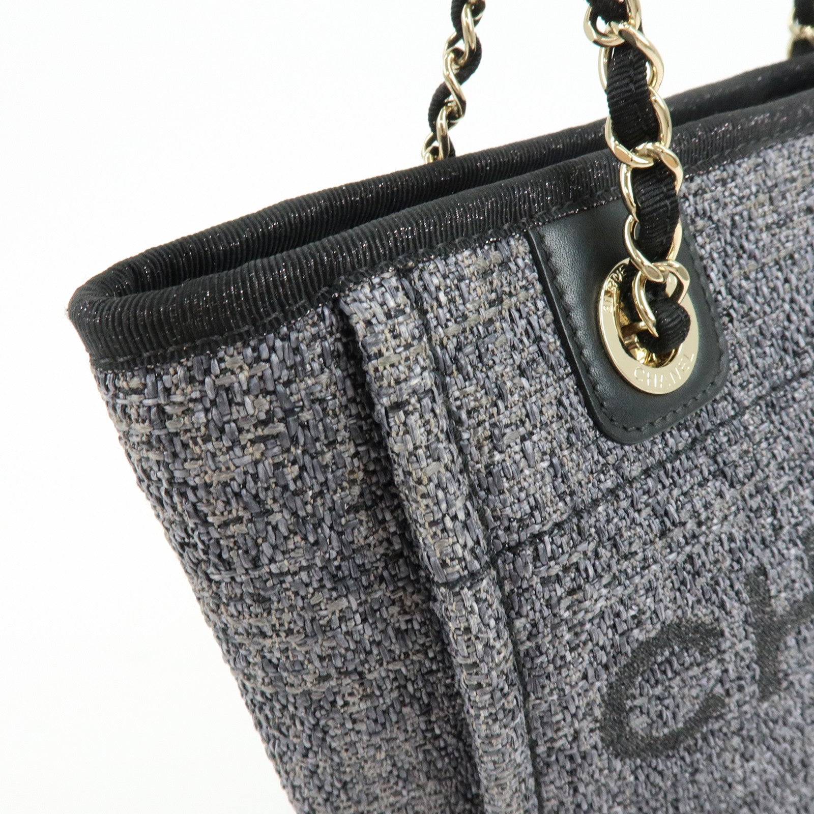 CHANEL Deauville PM Raffia Calf Leather Chain Tote Bag Black A66939