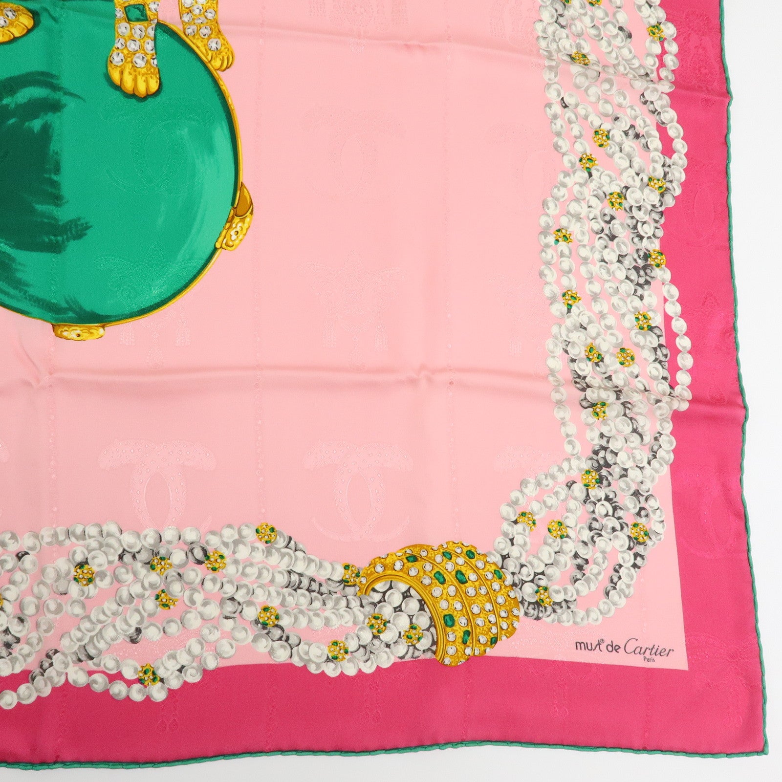 Cartier Silk 100% Scarf Jeweled Panther Motif Pink Green