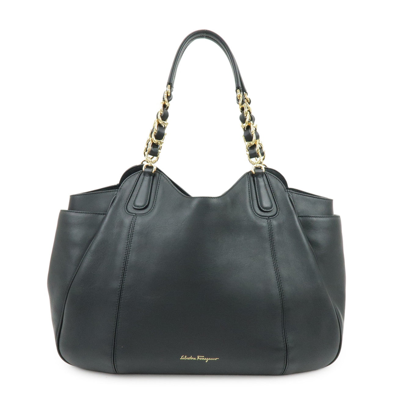 Ferragamo Gancini Leather Chain Shoulder Bag Hand Bag Black