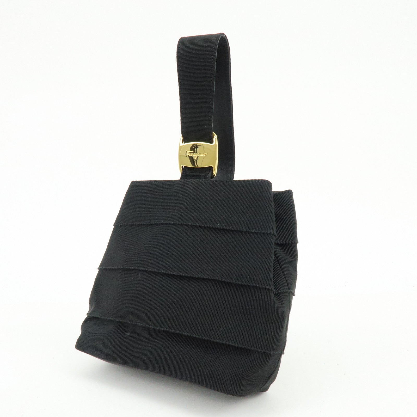 Ferragamo Vara Canvas Leather Tiered Hand Bag Pouch Black