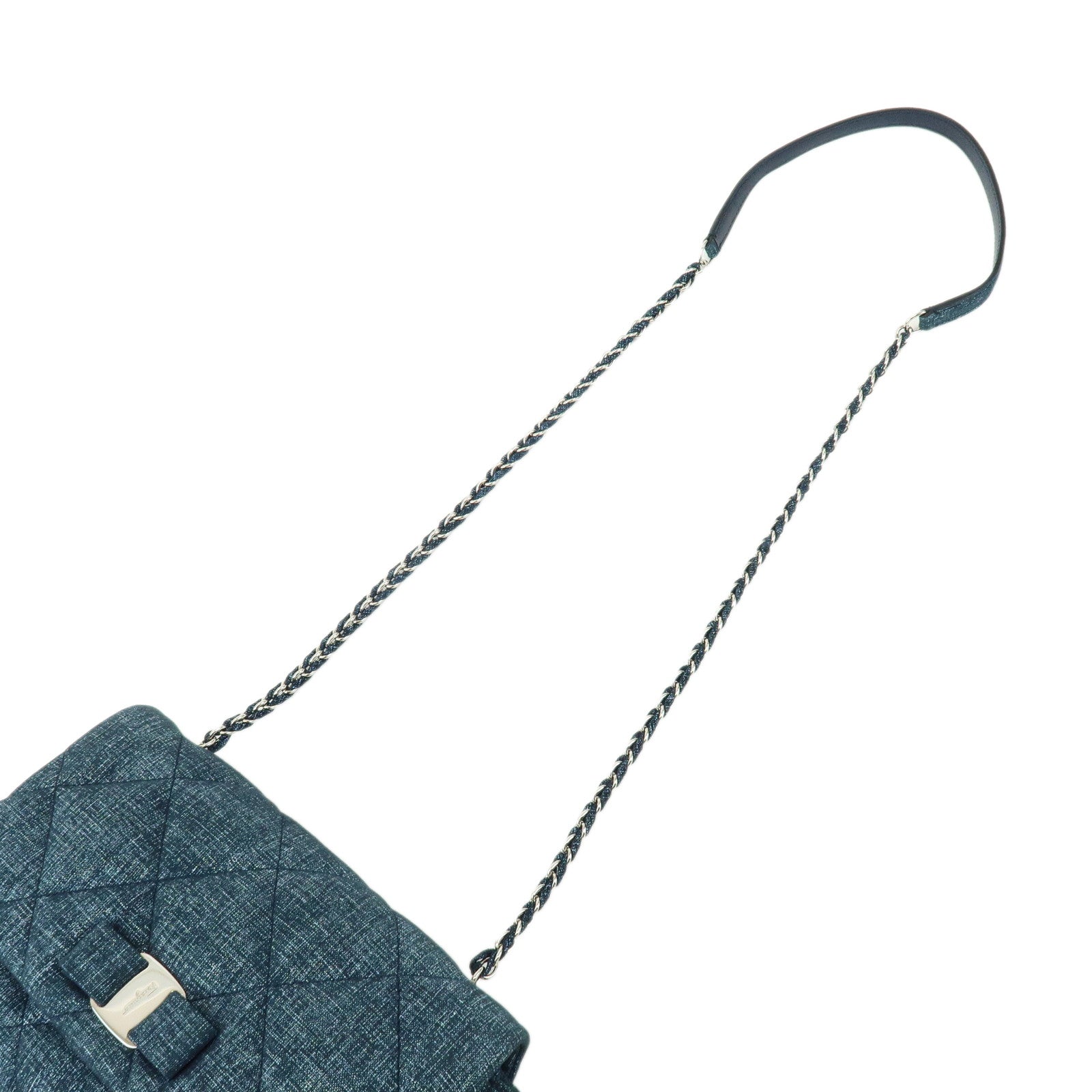 Ferragamo Vara Ribbon Denim Leather Chain Shoulder Bag Navy
