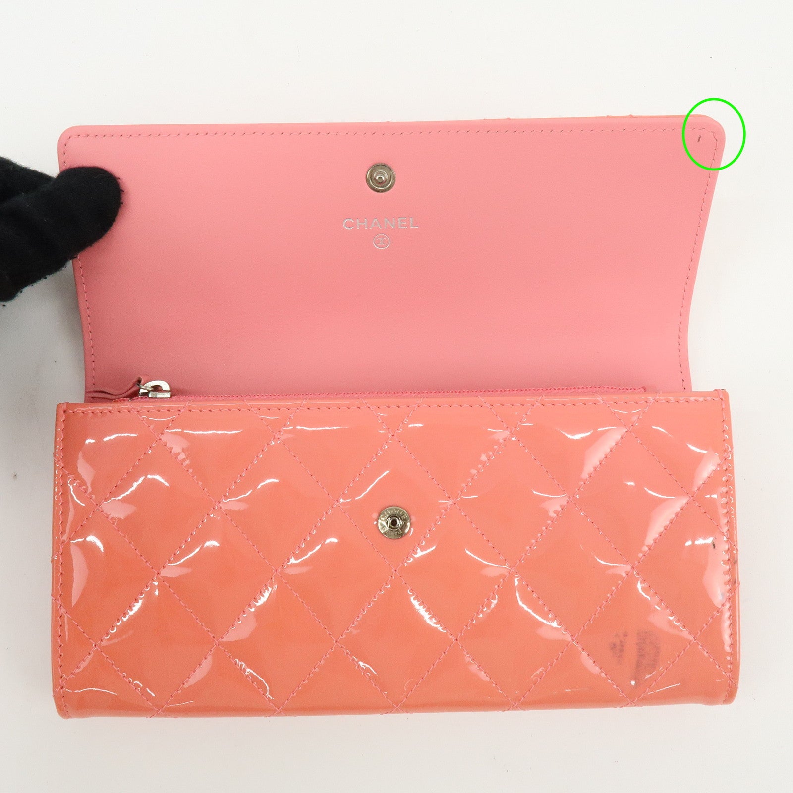 CHANEL COCO Mark Matelasse Patent Leather Long Wallet Salmon Pink