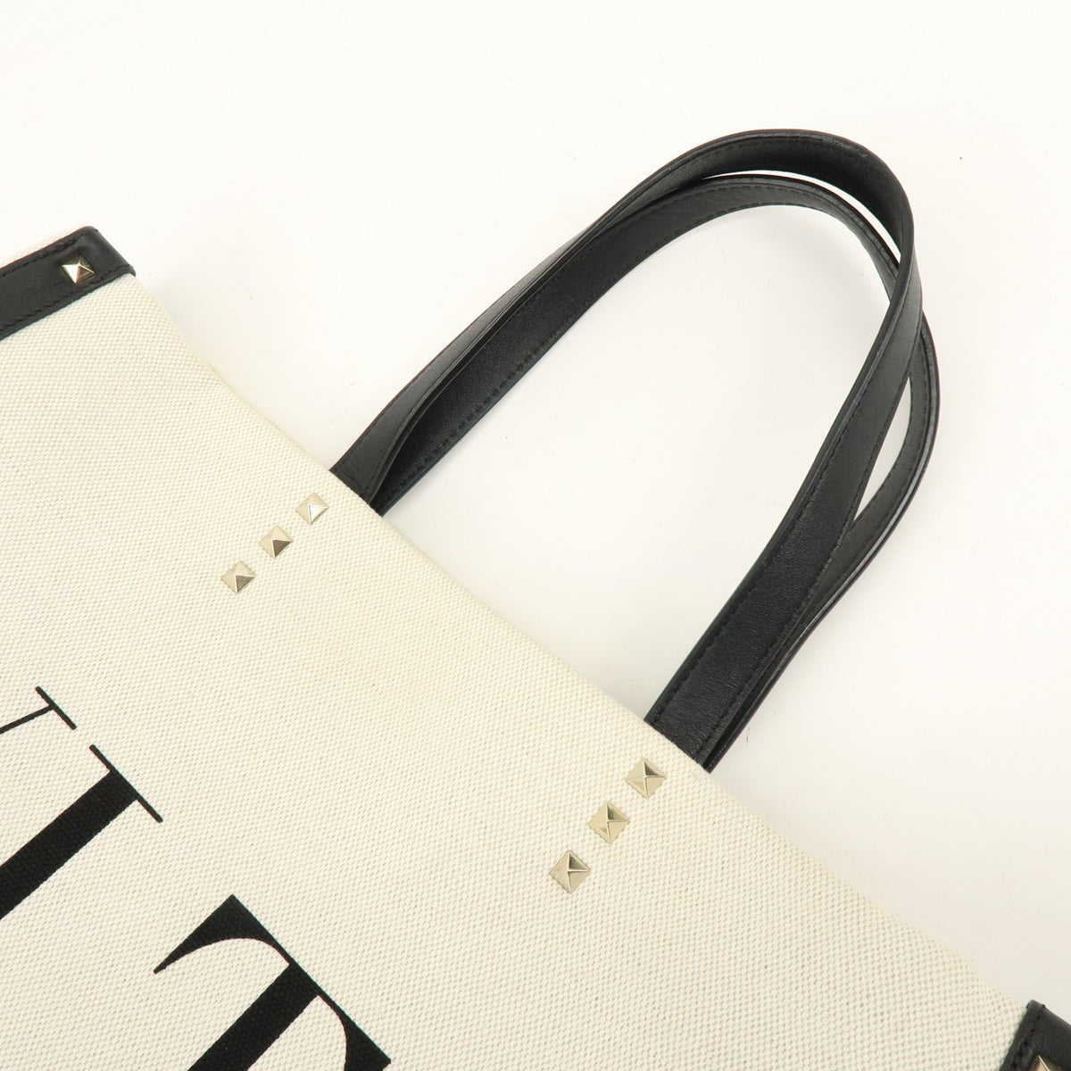VALENTINO VLTN Rockstud Canvas Leather Tote Bag Hand Bag White Black
