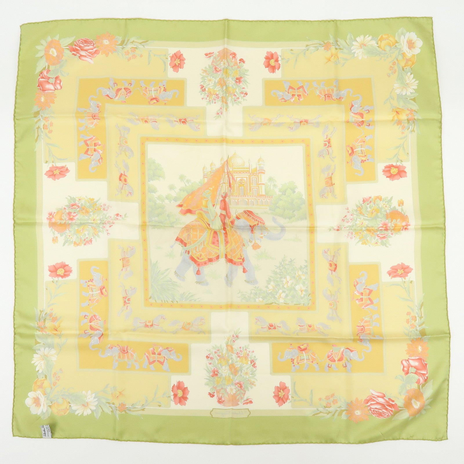 Ferragamo Set of 2 Silk 100% Scarf Tiger Elephant Print Light Green