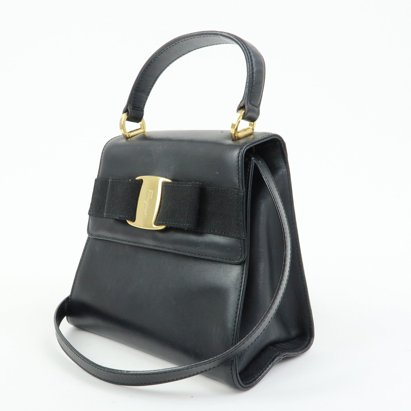 Ferragamo Vara Ribbon Leather 2Way Hand Bag Shoulder Bag Black