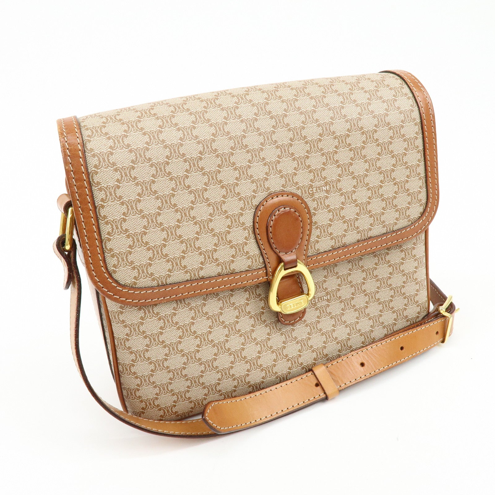 CELINE Macadam PVC Leather Shoulder Bag Crossbody Bag Brown Beige