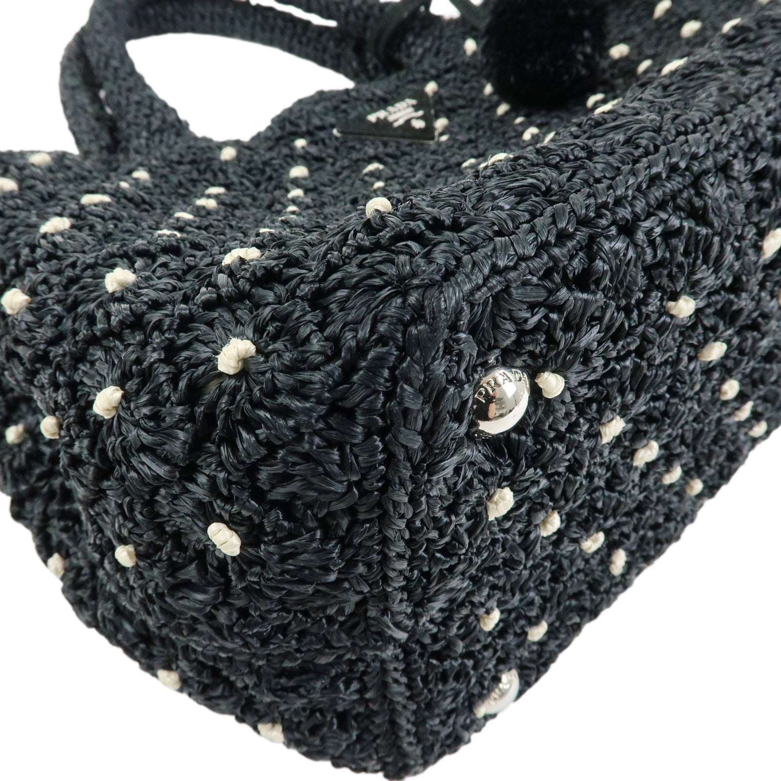 PRADA Triangle Logo Raffia 2Way Bag Hand Bag Shoulder Bag Black 1BG889