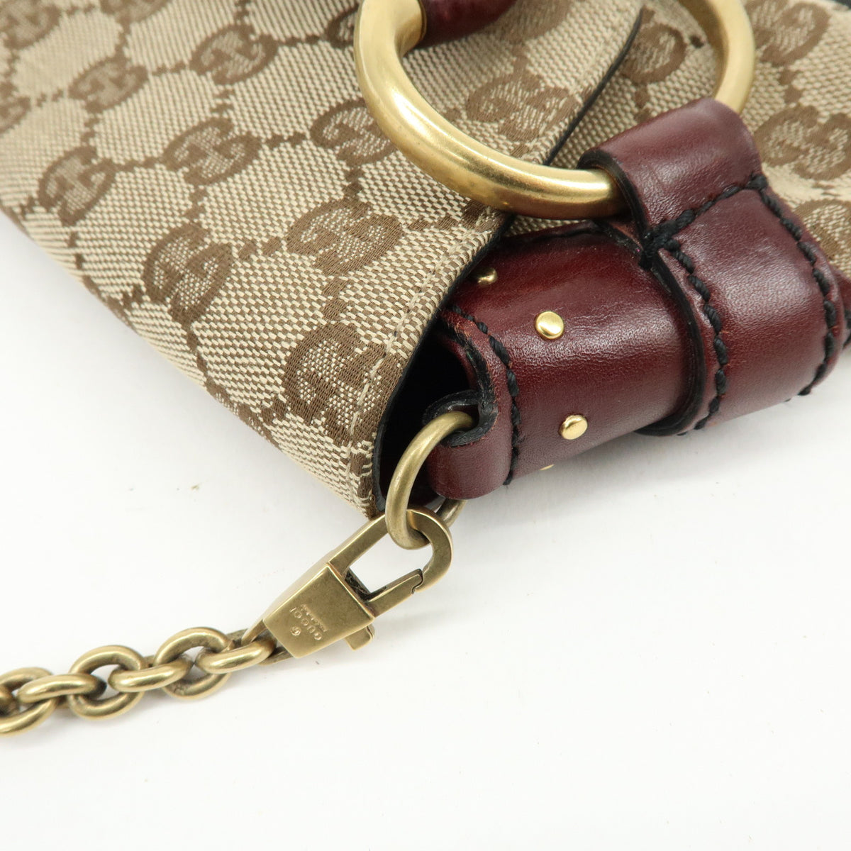 GUCCI Horsebit GG Canvas Leather Chain Hand Bag Brown Bordeaux 119186