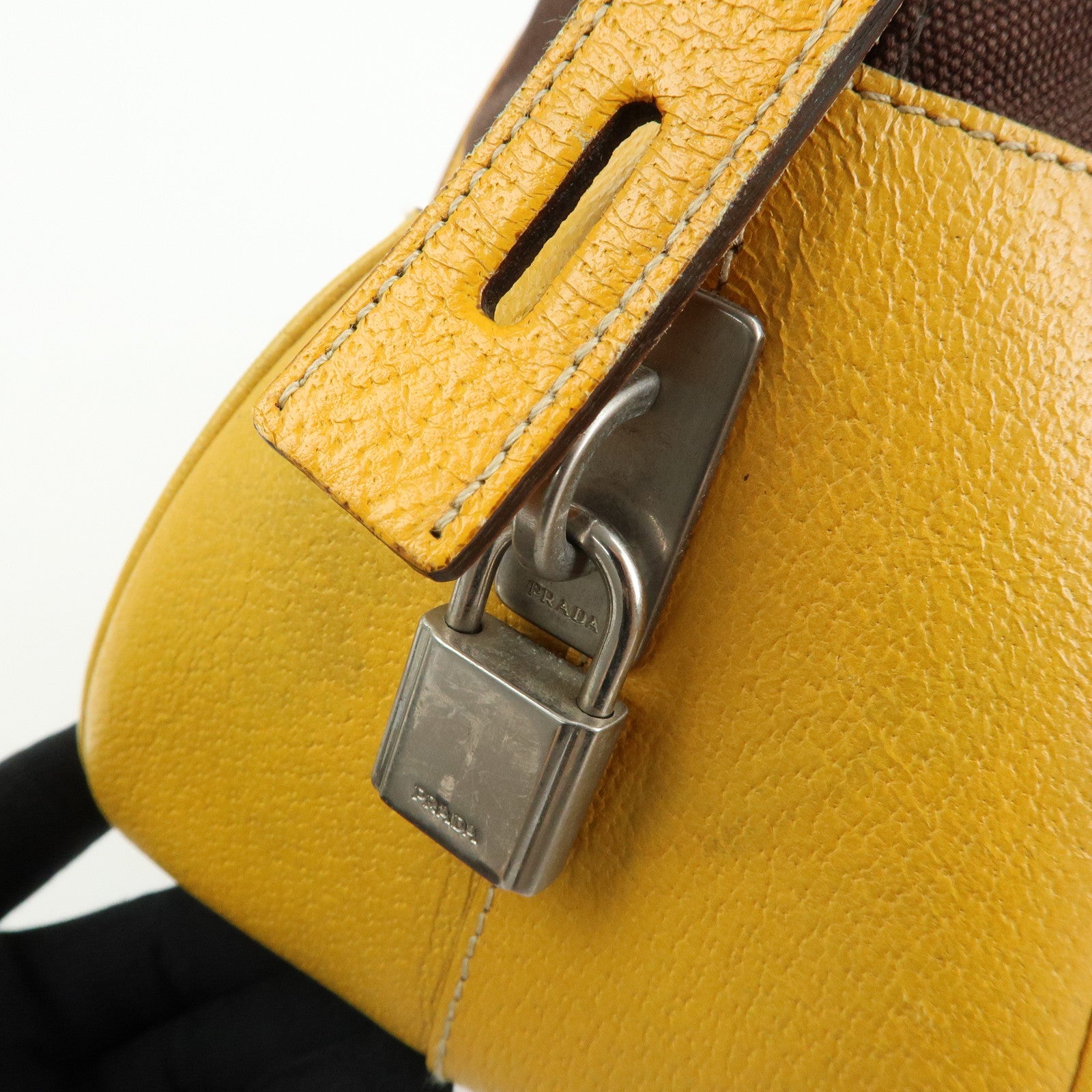 PRADA Triangle Logo Canvas Leather Boston Bag Brown Yellow B10813