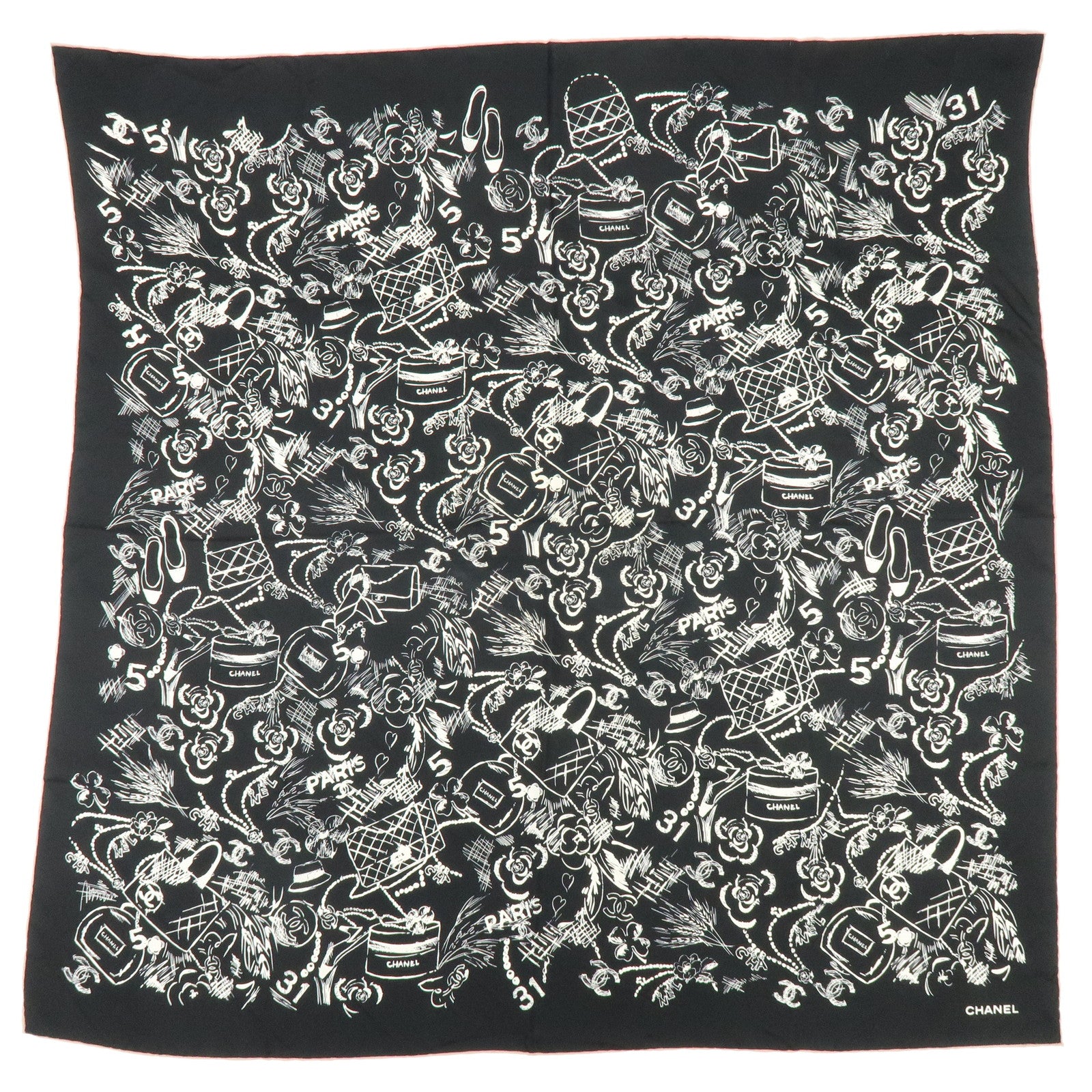 CHANEL Silk 100% Scarf Iconographic Pattern Black White Pink