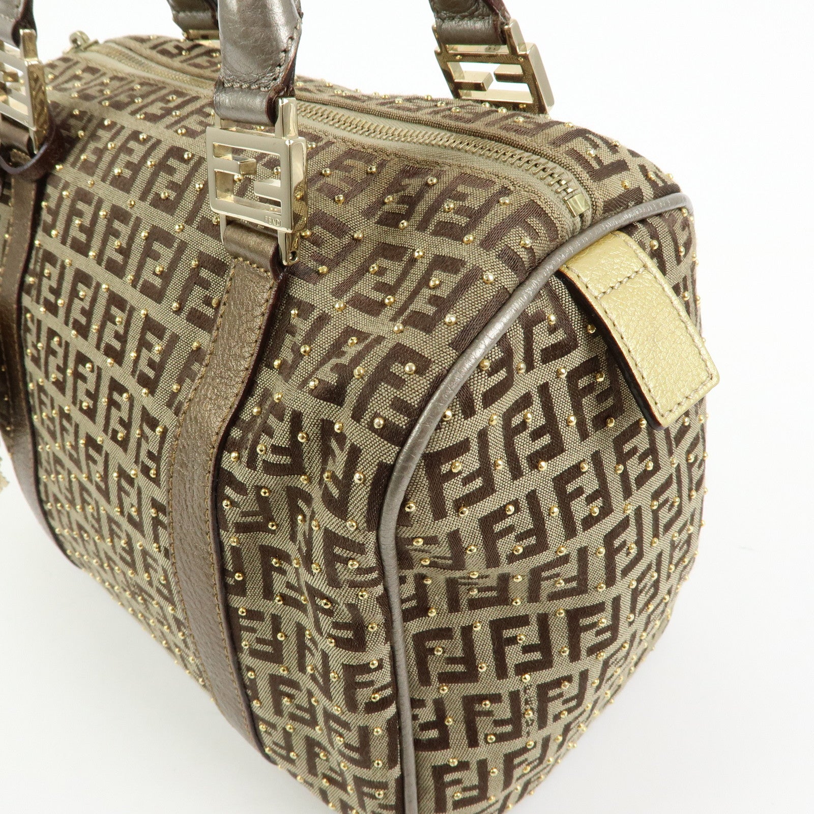 FENDI Zucchino Canvas Leather Boston Bag Hand Bag Beige Gold 8BL068
