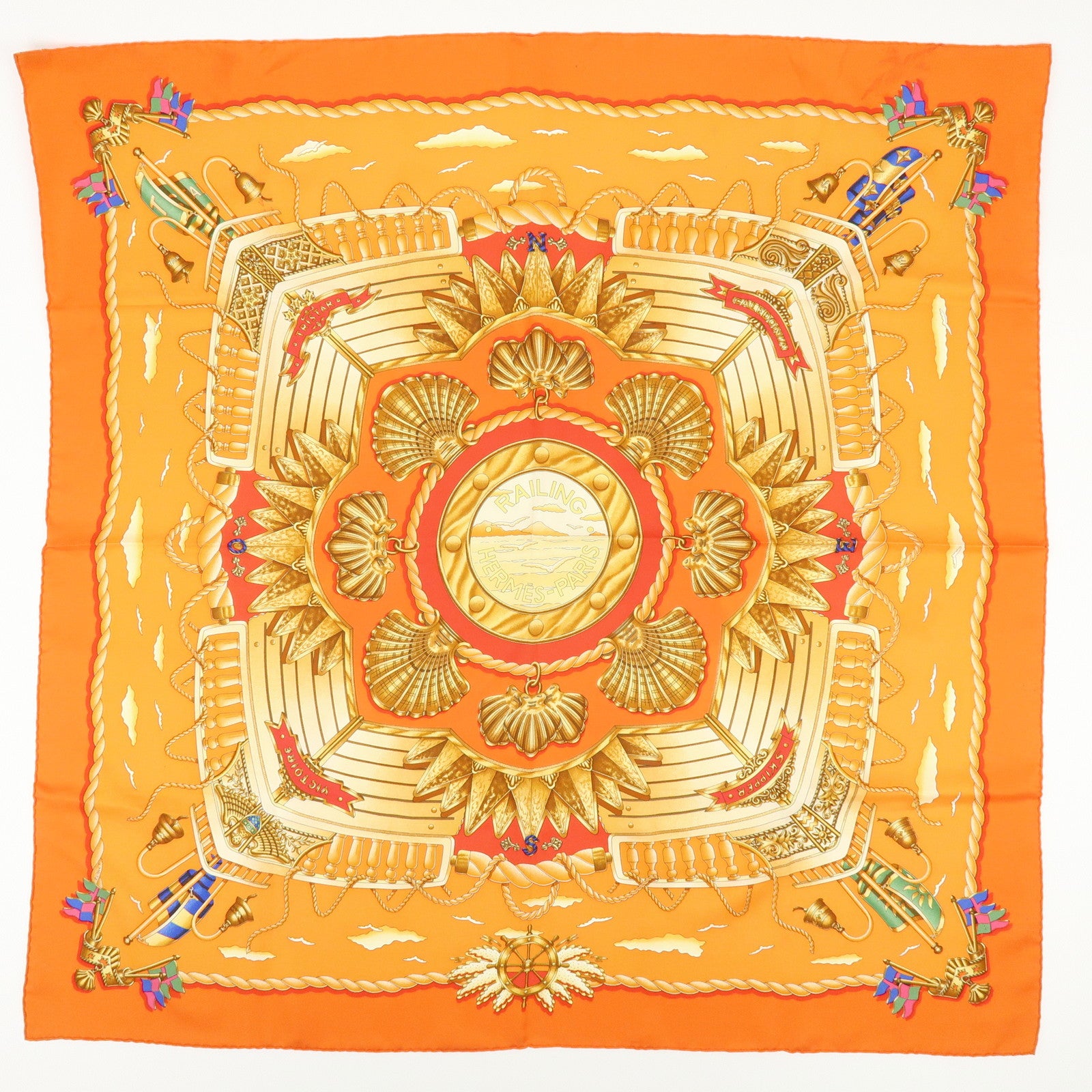 HERMES Carre 90 Silk 100% Scarf Lot of 2 Orange Gold Navy