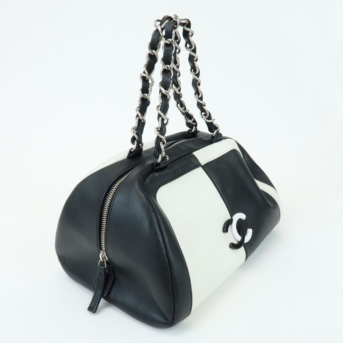 CHANEL COCO Mark Bicolor Lamb Skin Bowling Bag Hand Bag Black White