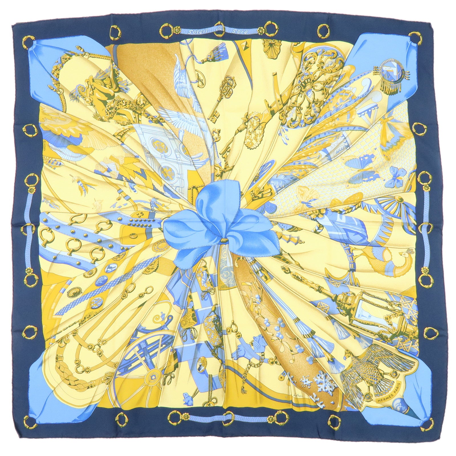 HERMES Carre 90 Silk 100% Scarf Soleil de Soie Blue Navy Yellow