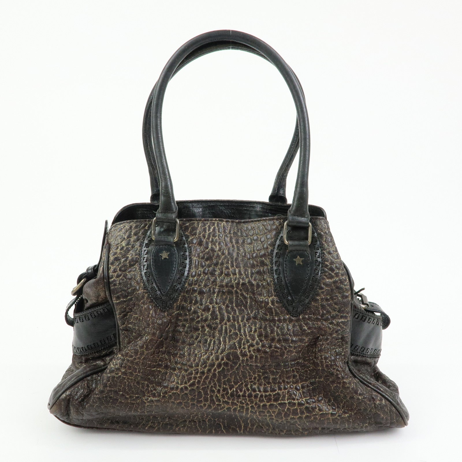 FENDI Etnico Embossed Leather Tote Bag Shoulder Bag Brown Gold 8BN162