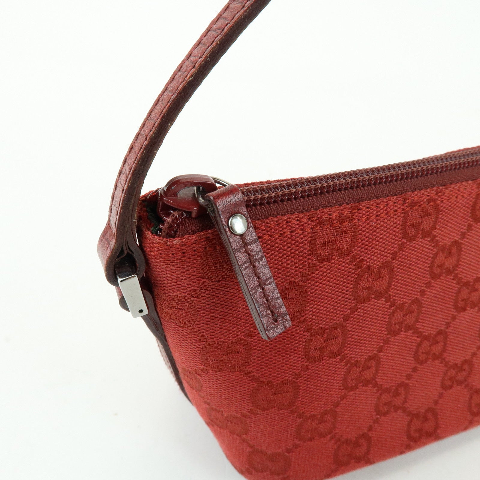 GUCCI Boat Bag GG Canvas Leather Accessory Pouch Hand Bag Red 07198