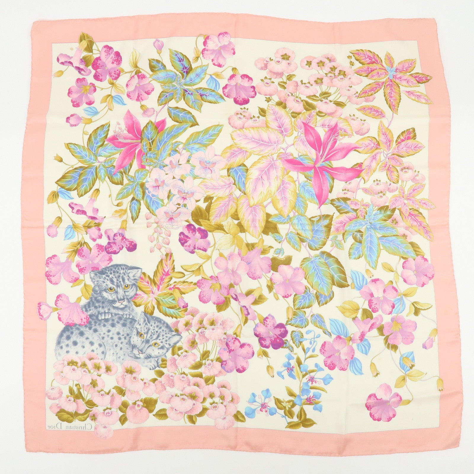 Christian Dior Set of 2 Silk 100% Scarf Flower Cat Paisley Pink Black