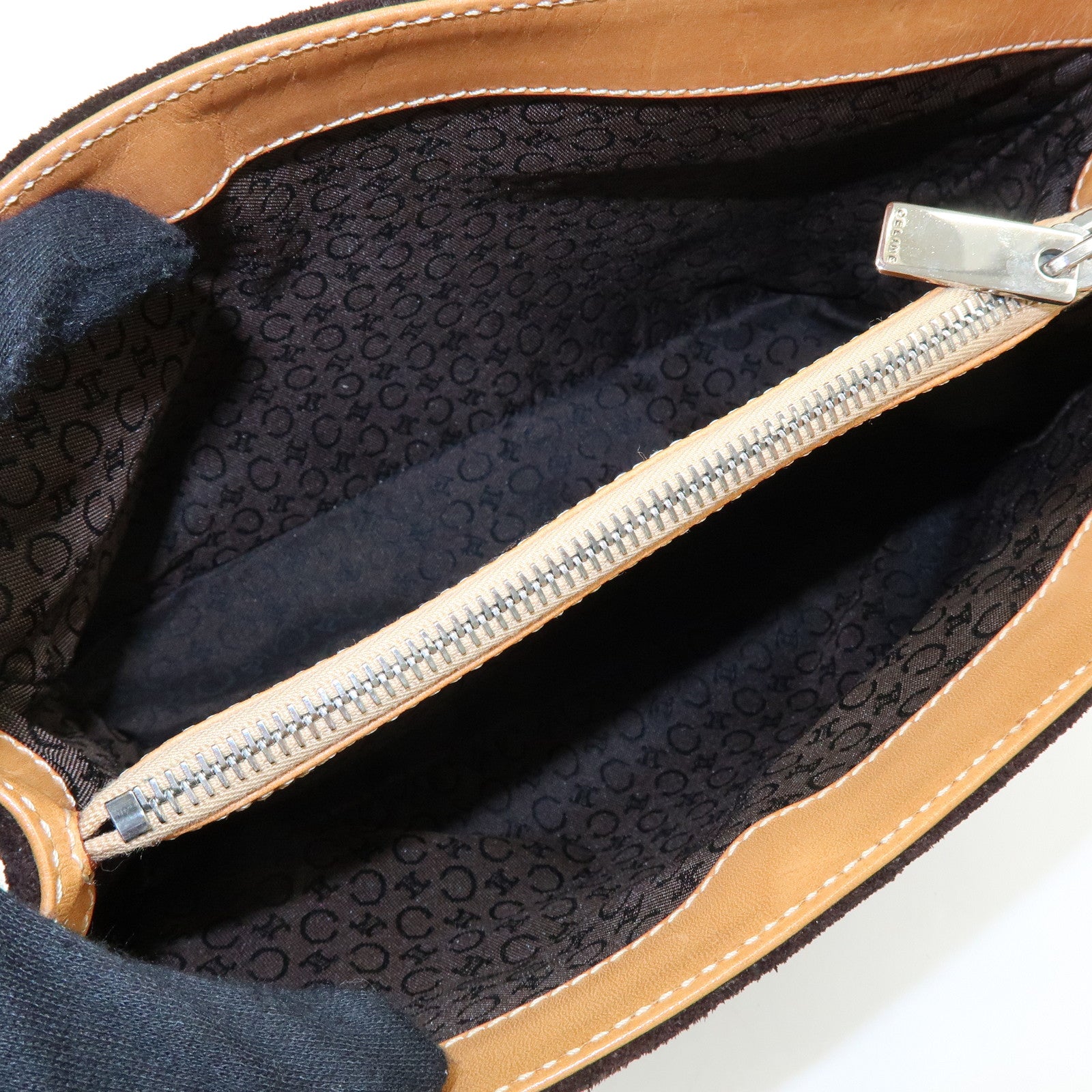 CELINE C Macadam Suede Leather Hand Bag Tote Bag Dark Brown