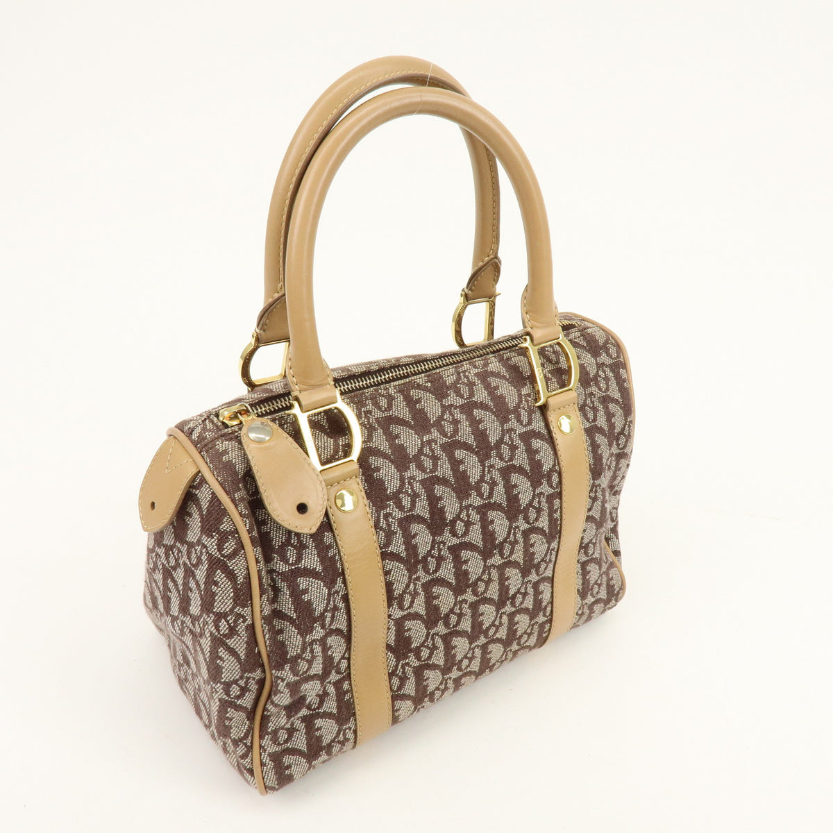 Christian Dior Trotter Jacquard Canvas Leather Boston Bag Brown Beige