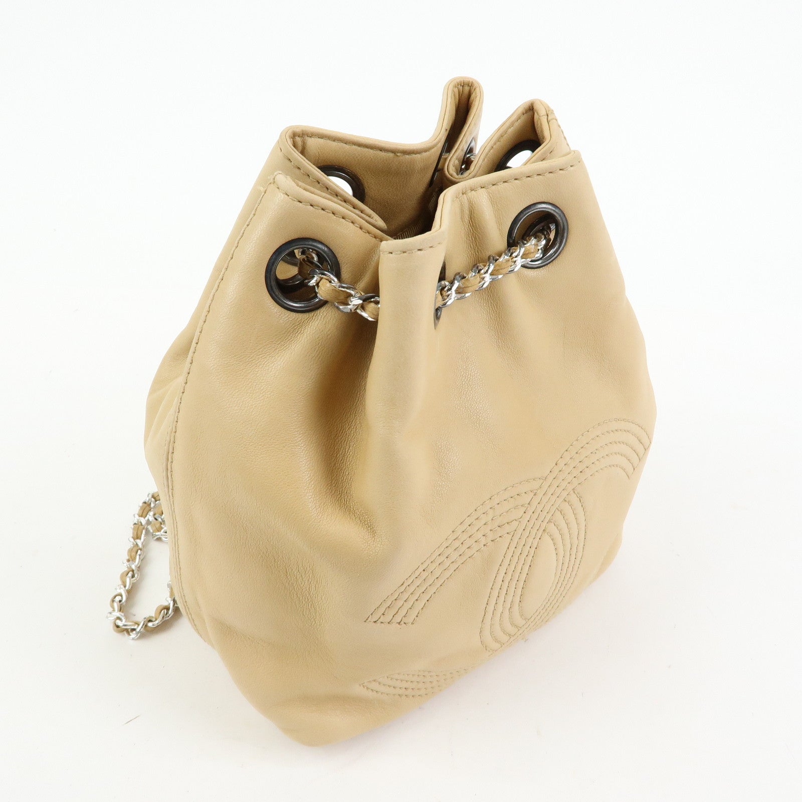 CHANEL COCO Mark Lamb Skin Backpack Shoulder Bag Beige