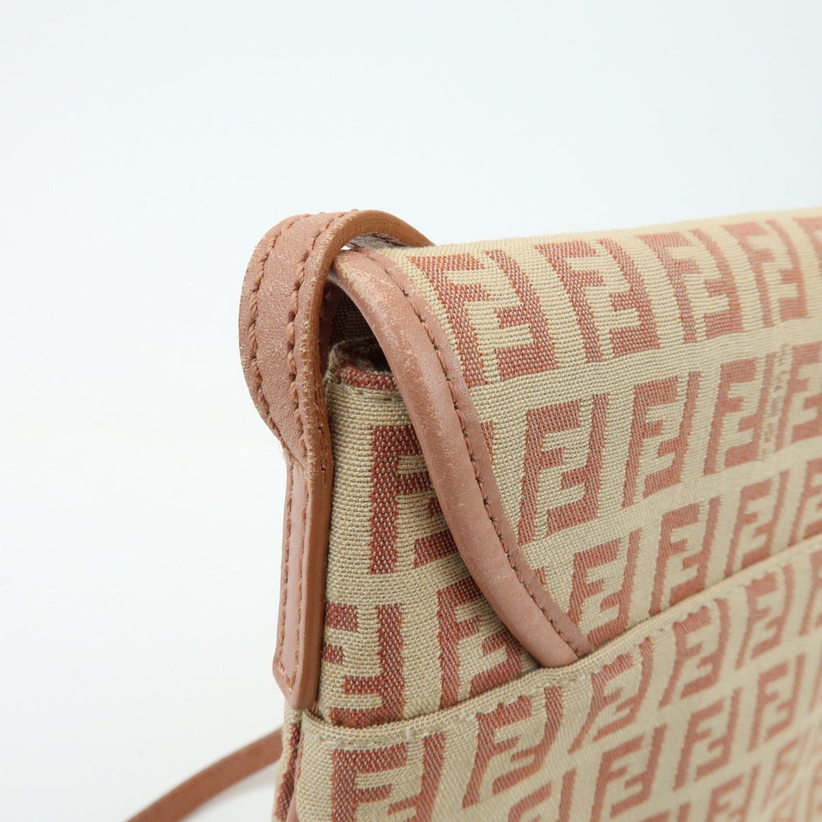 FENDI Zucchino Canvas Leather Shoulder Crossbody Bag Beige Pink 8BT052
