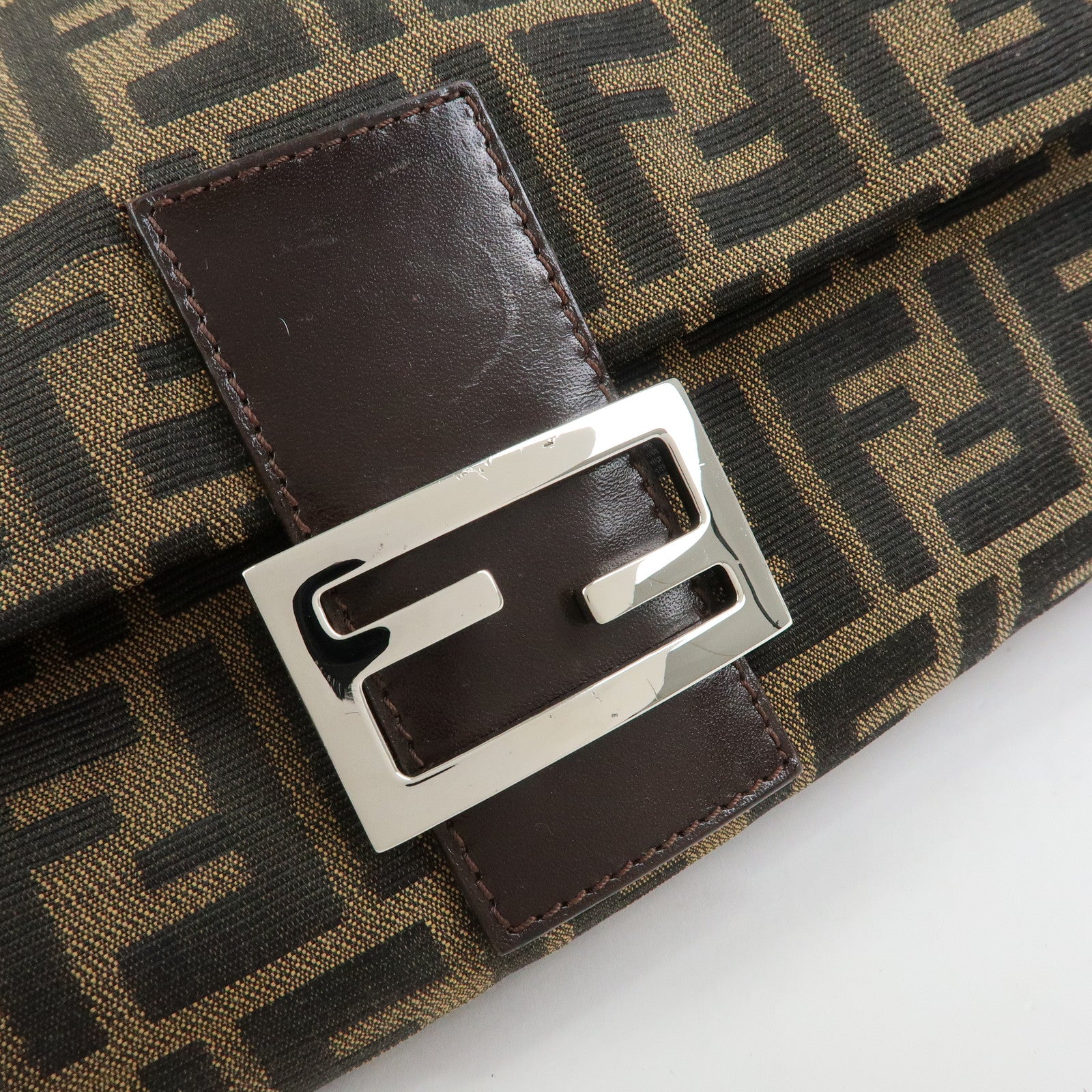 FENDI Mamma Baguette Zucca Canvas Leather Shoulder Bag Brown 26325