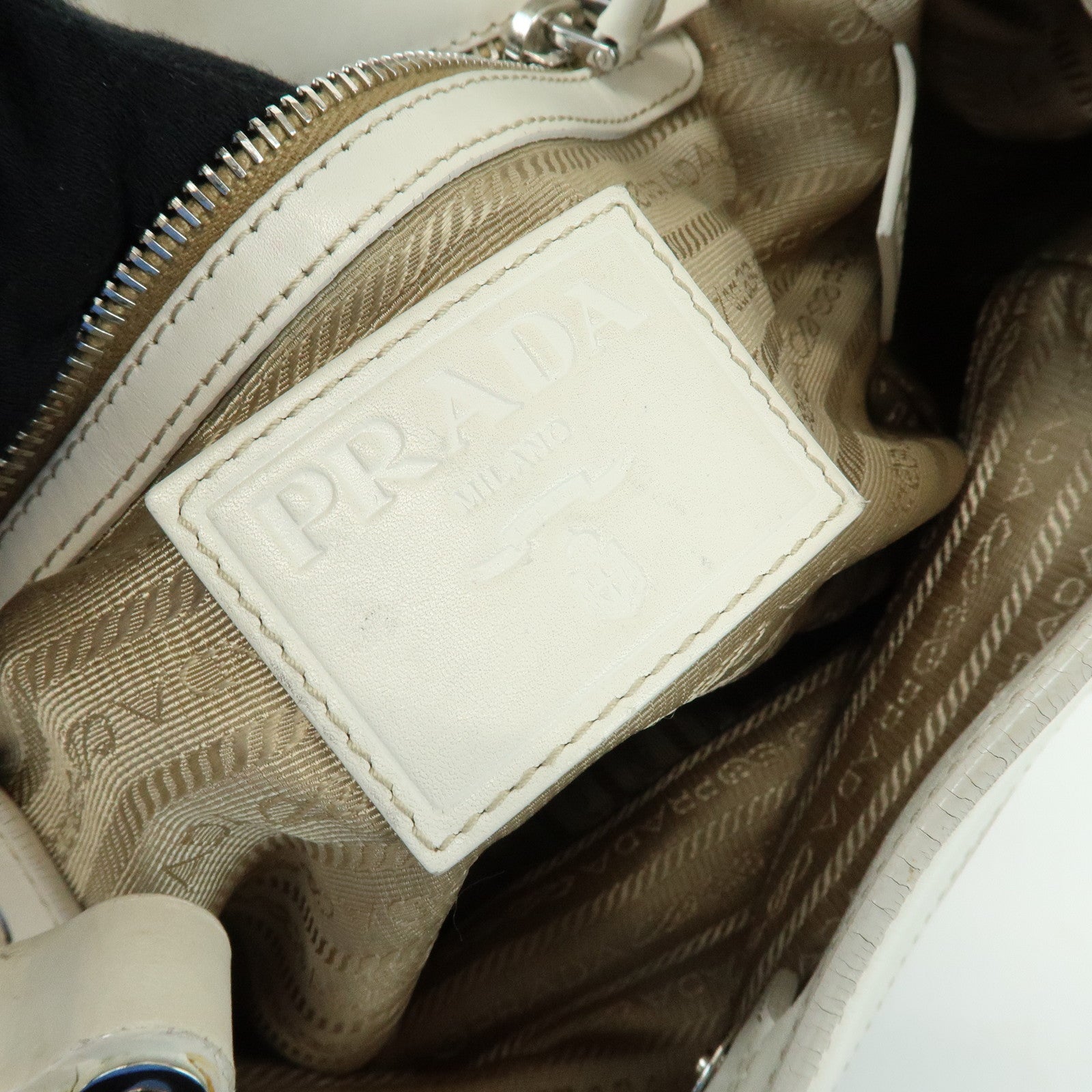 PRADA Triangle Logo Nylon Jacquard Leather Shoudler Bag Beige Ivory