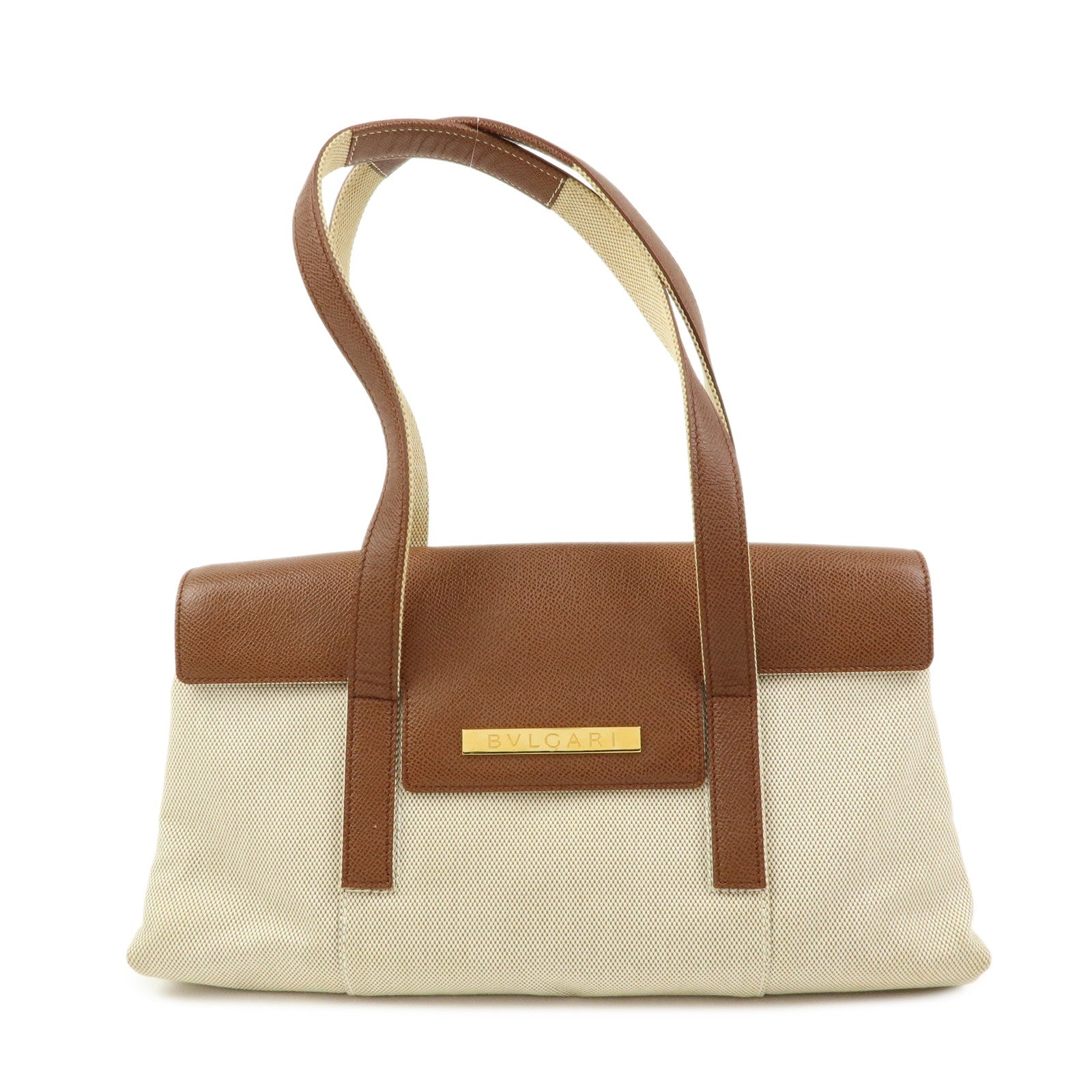 BVLGARI Canvas Leather Flap Shoulder Hand Bag Beige Brown