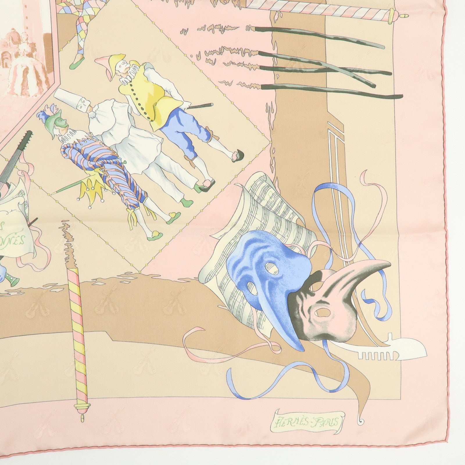 HERMES Carre 90 Silk 100% Scarf LE CARNAVAL DE VENISE Beige Pink