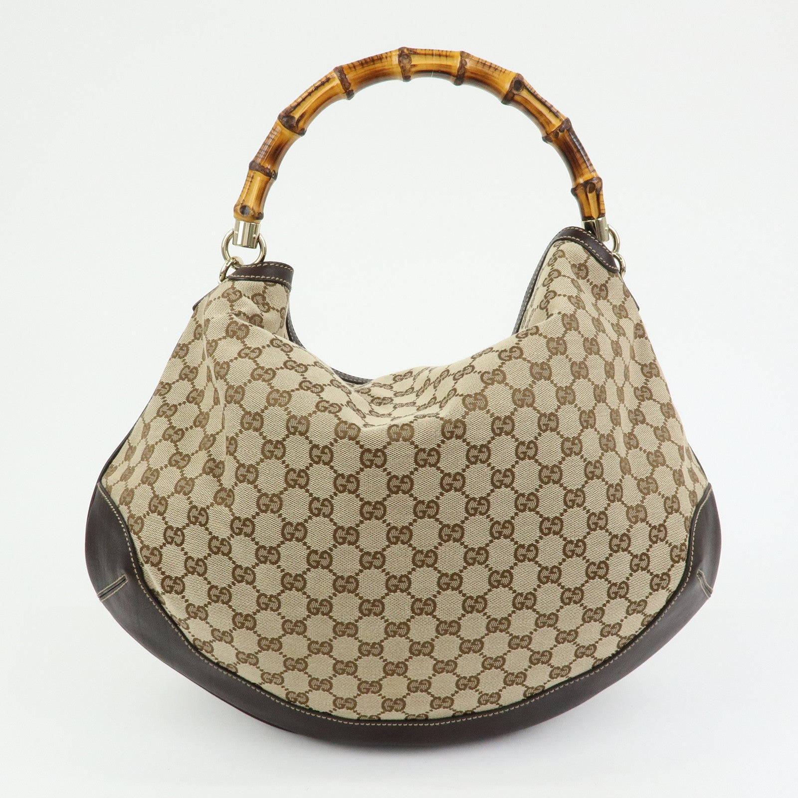 GUCCI Bamboo GG Canvas Leather 2Way Bag Hand Bag Beige Brown 169976